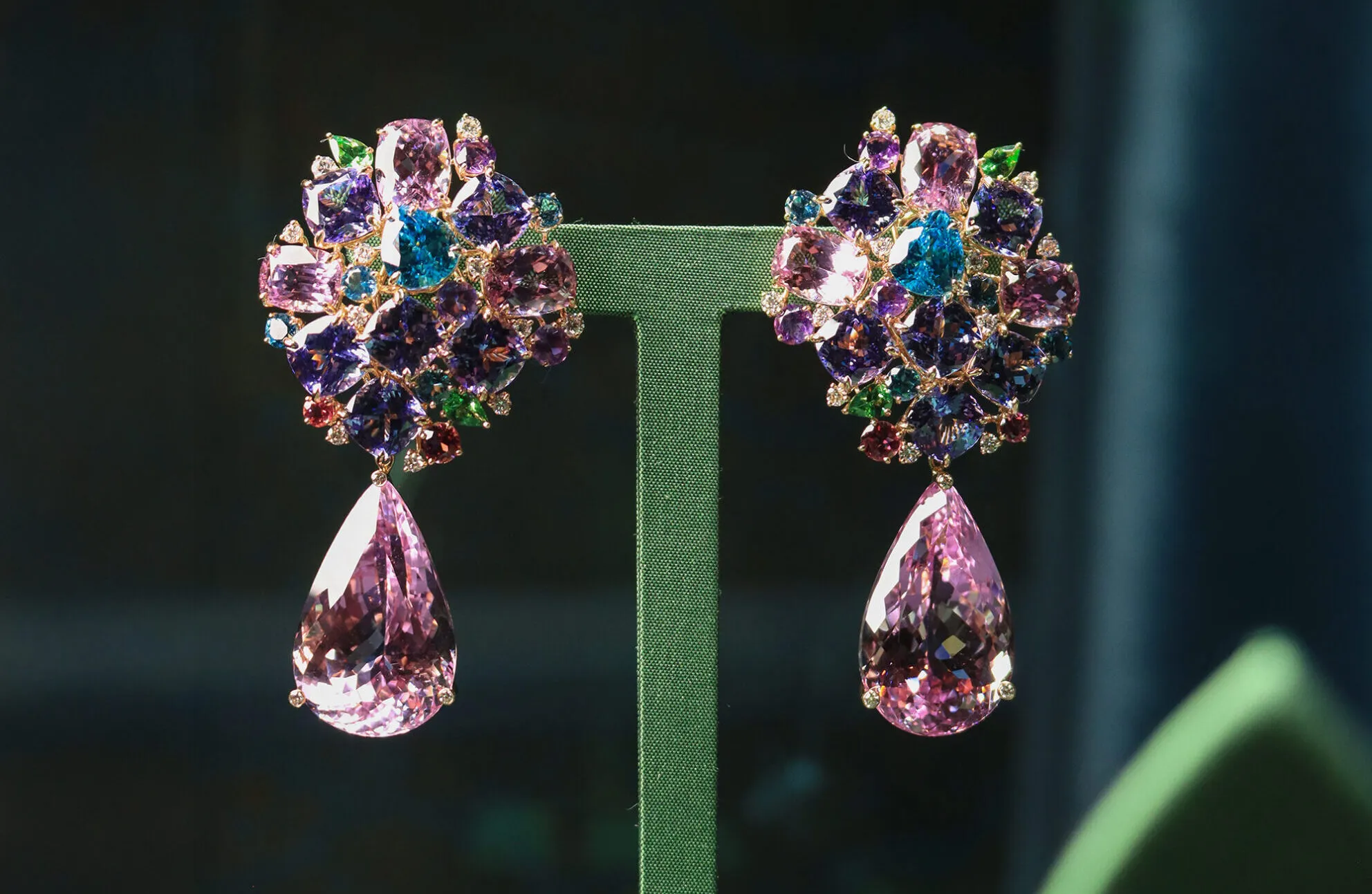 Margot McKinney Bon Bon earrings with 101.94 carats of kunzite, diamonds, tsavorites, blue topazes, pink tourmalines, amethysts, tanzanites, blue zircons and further kunzites set in 18k yellow and white gold