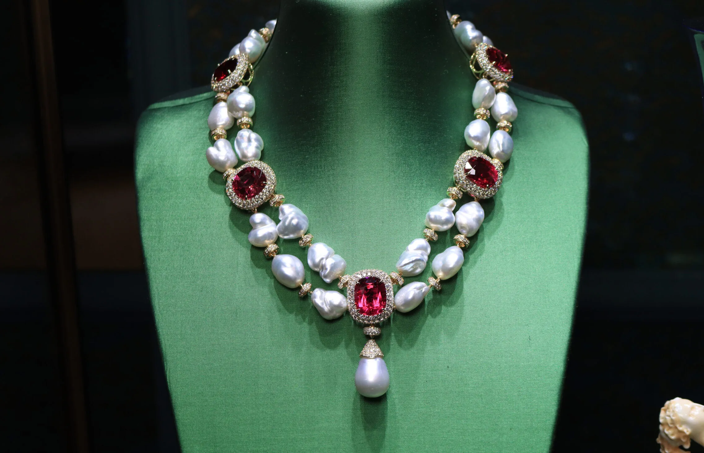 Margot McKinney Rose of the Sea collier with 86.20 carats of rubellites, keshi pearls, an Australian South Sea baroque pearl drop and diamonds set in 18k yellow gold 