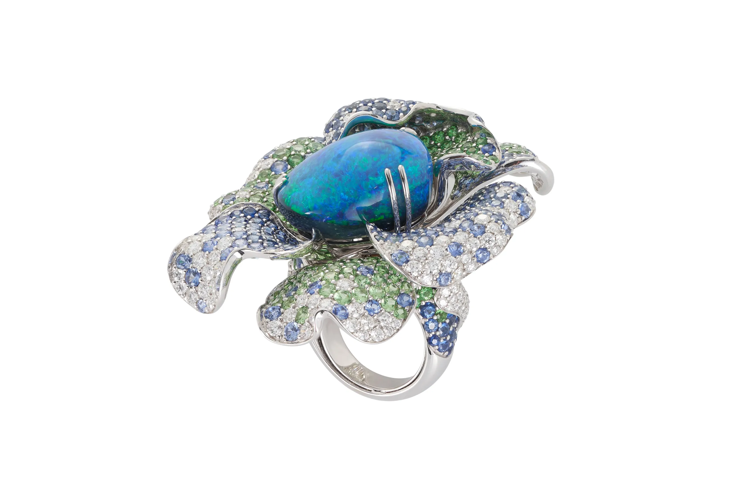 Margot McKinney Rainforest Bloom ring with a 37.52 carat Australian black opal and petals of diamonds, blue sapphires and tsavorites, set in 18k white gold
