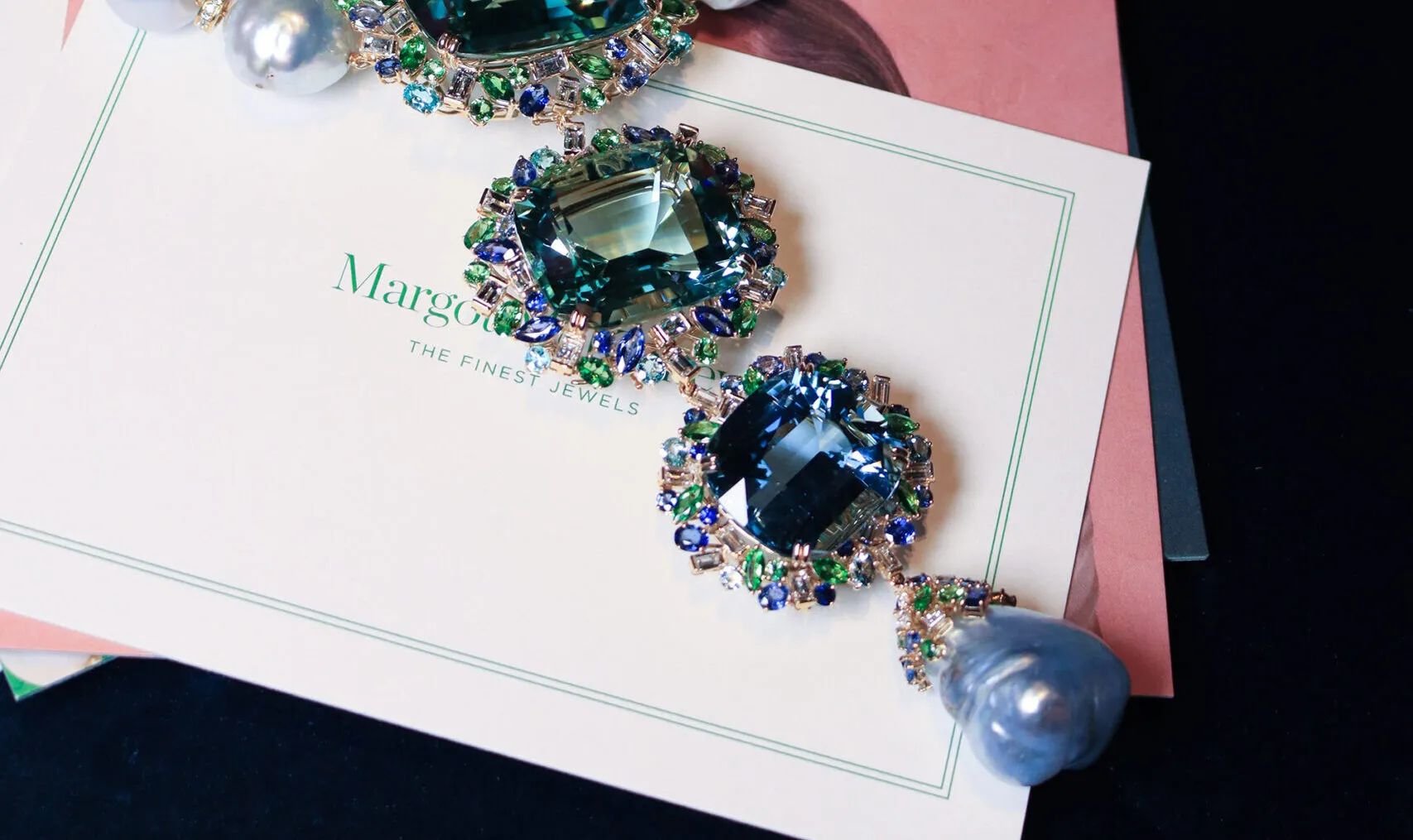 A closer look at the hero gemstones in the Marina collier by Margot McKinney, including a rare Australian South Sea baroque pearl drop measuring 26x30mm 