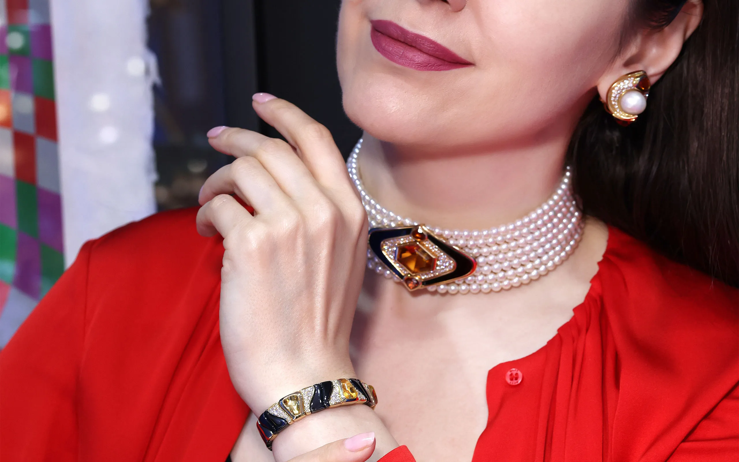 <p>Katerina wearing the Terry Perles earrings and choker, and the Karen bangle </p>