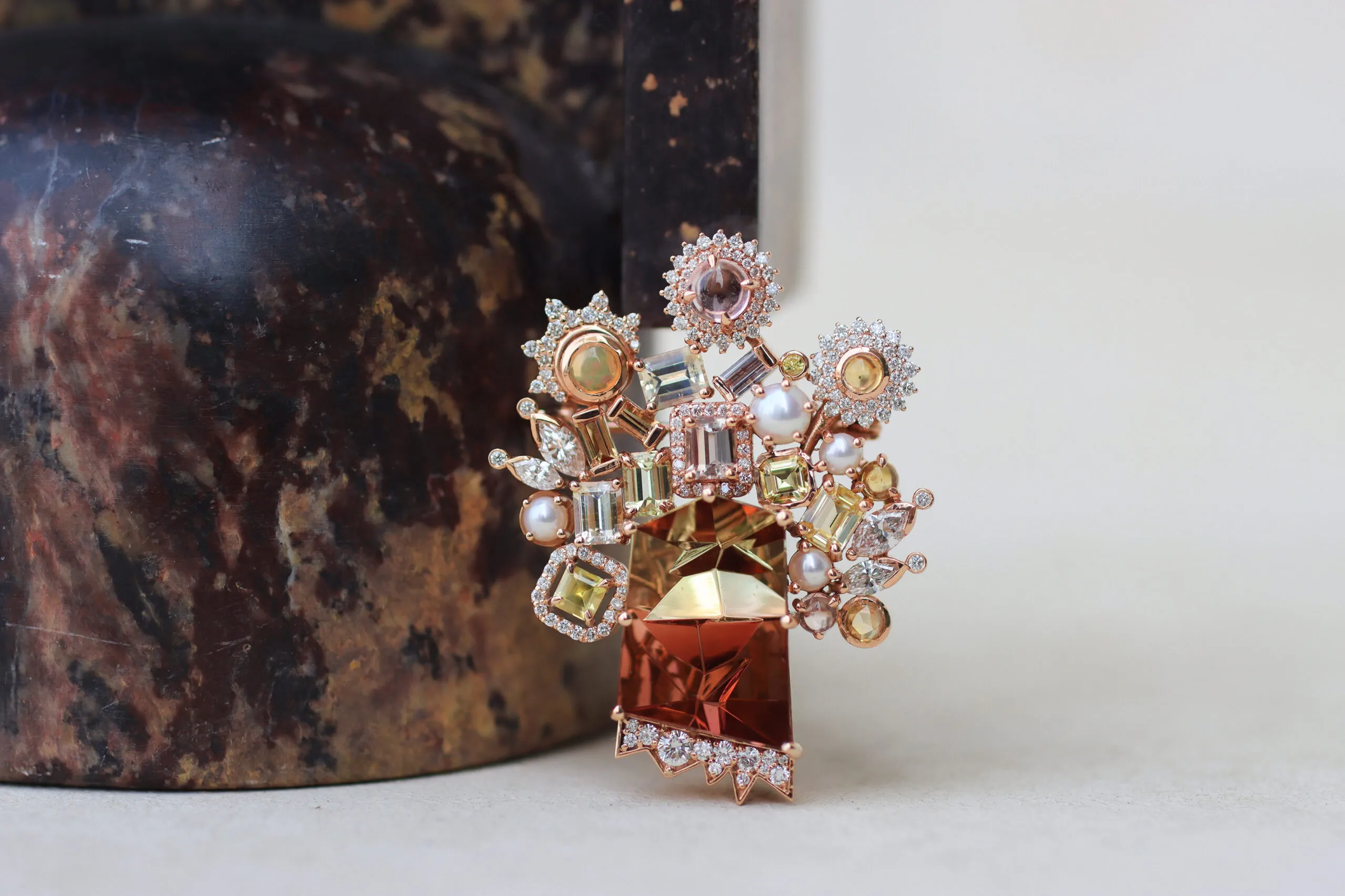 Mariyeh Ghelichkhani Tree of Life brooch-pendant with a 13-carat tourmaline, pastel-coloured sapphires, diamonds and pearls set in 18k rose gold 