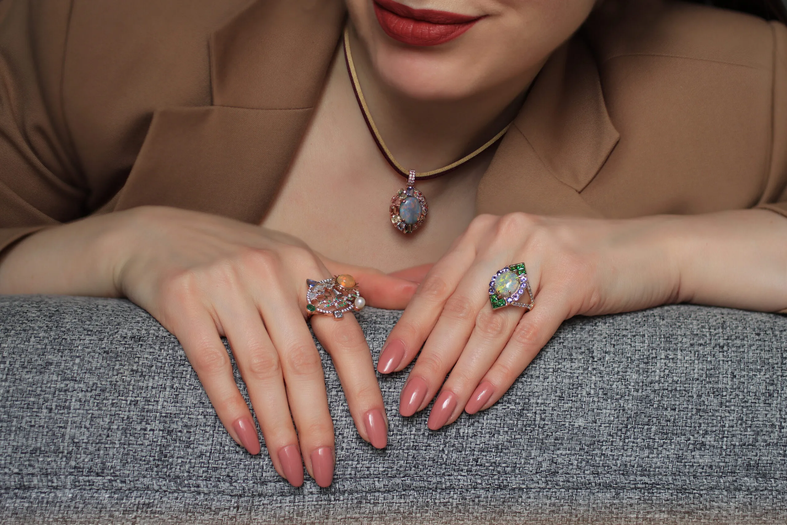 Katerina Perez wears pieces by Mariyeh Ghelichkhani, including the Twilight Splendour pendant, the Serene Voyage ring (left) and the Angels Fall ring