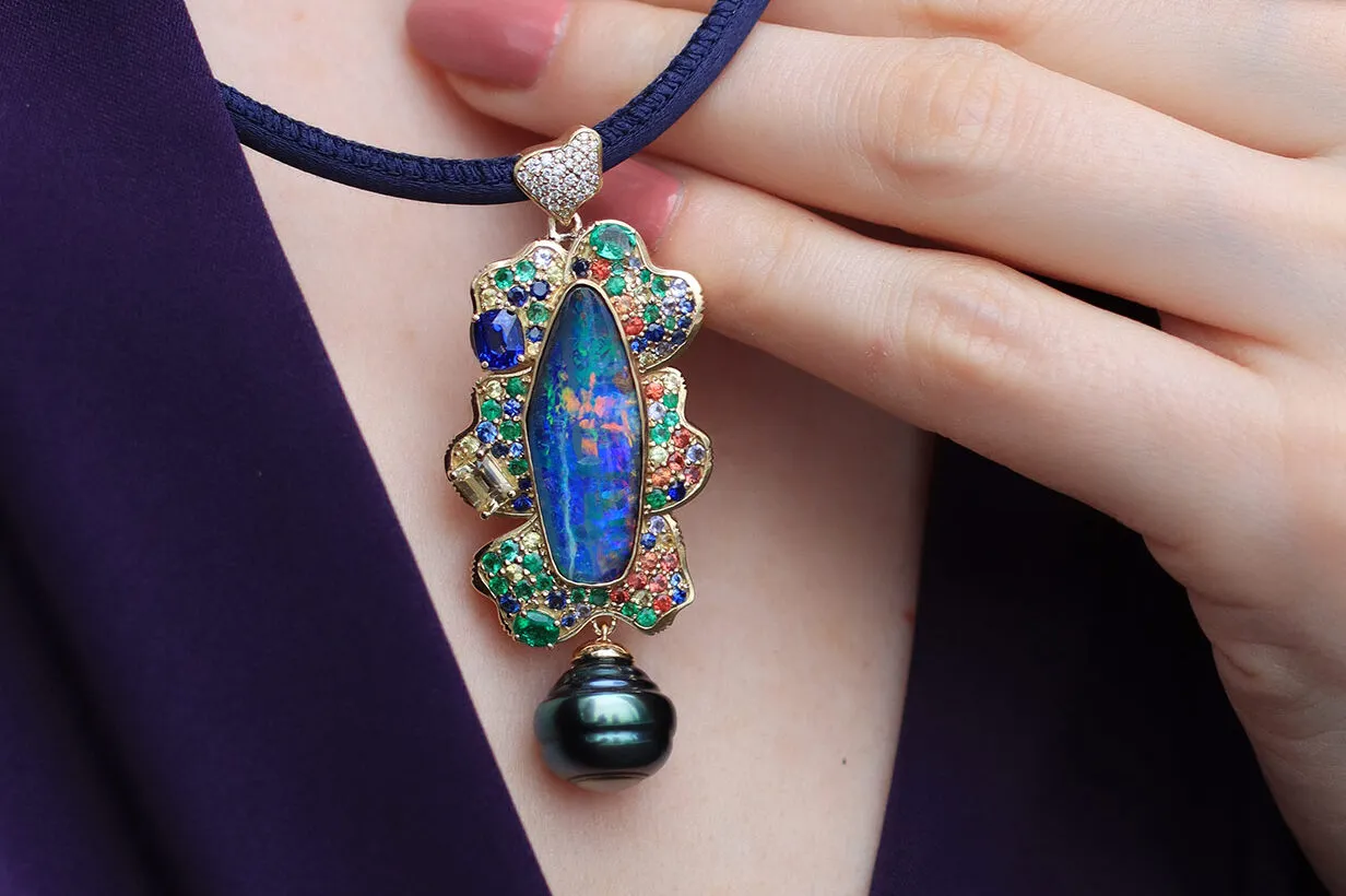 Mariyeh Ghelichkhani Dew Drop in Twilight pendant with an Australian boulder opal, sapphires, emeralds, tanzanites, and a Tahitian pearl drop