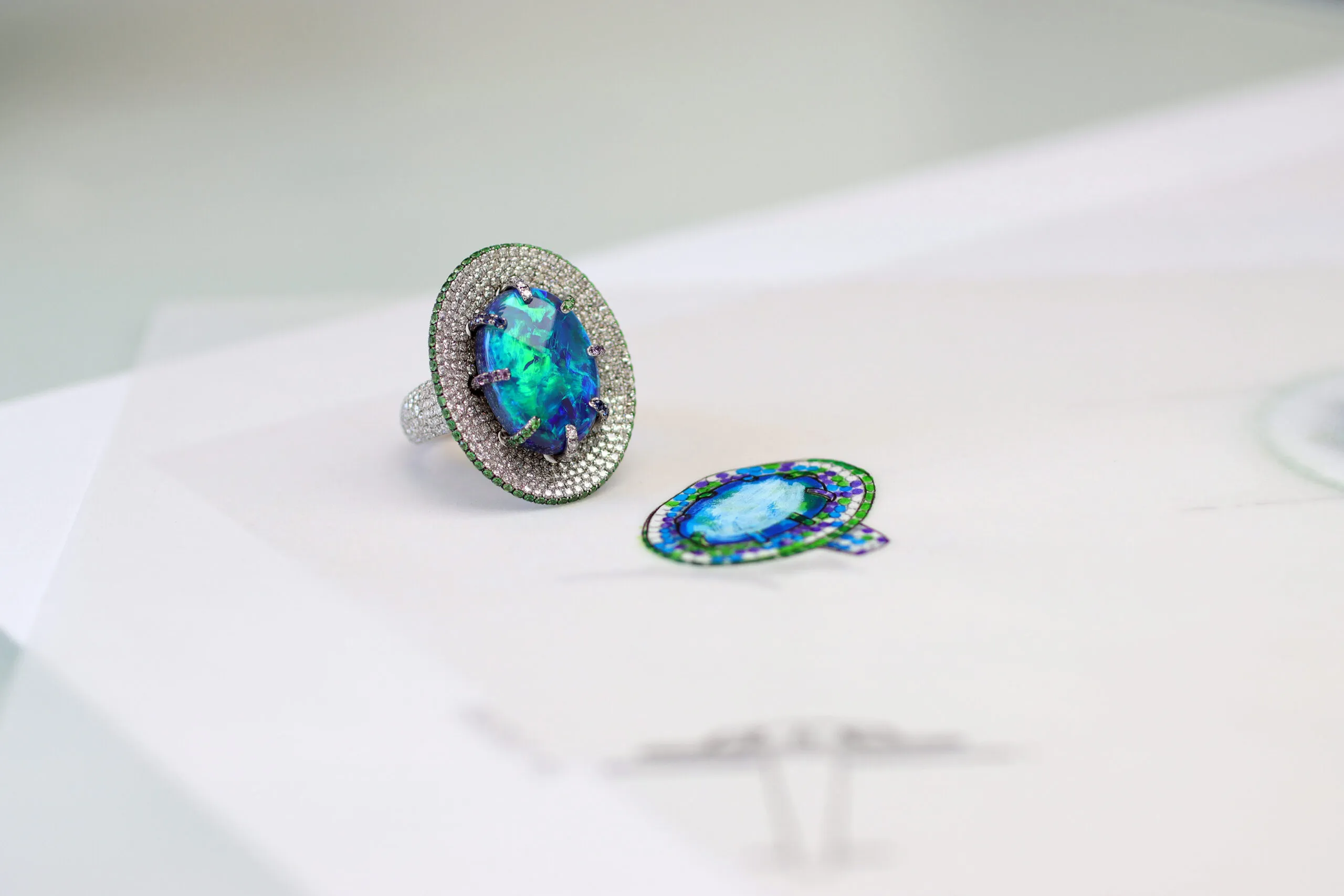 From design to completion, this Martin Katz right-hand ring is crafted with a 10.50-carat black opal, micro-set with 580 diamonds, sapphires, amethysts and tsavorites 