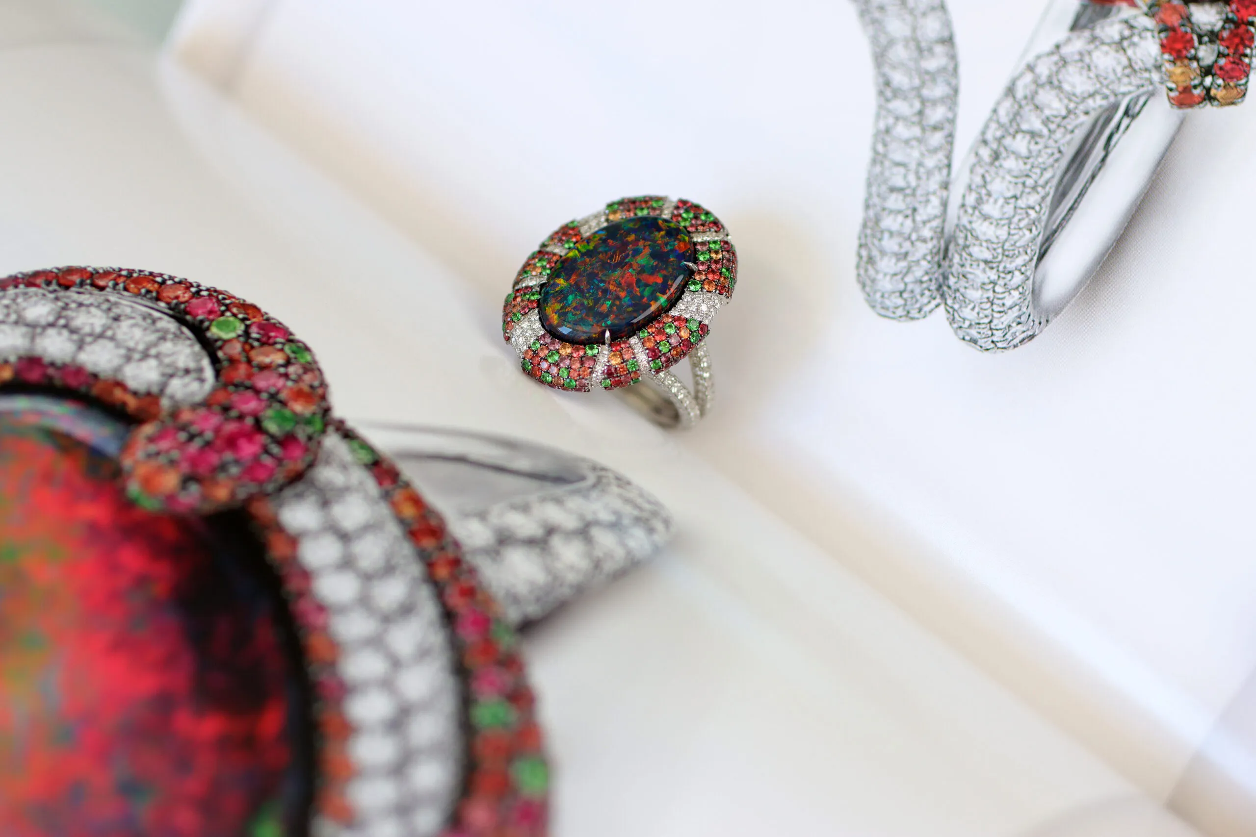 Martin Katz ring with an oval-shaped 6.8-carat Australian black opal, photographed at the jeweller’s Penthouse appointment-only space in Beverly Hills 