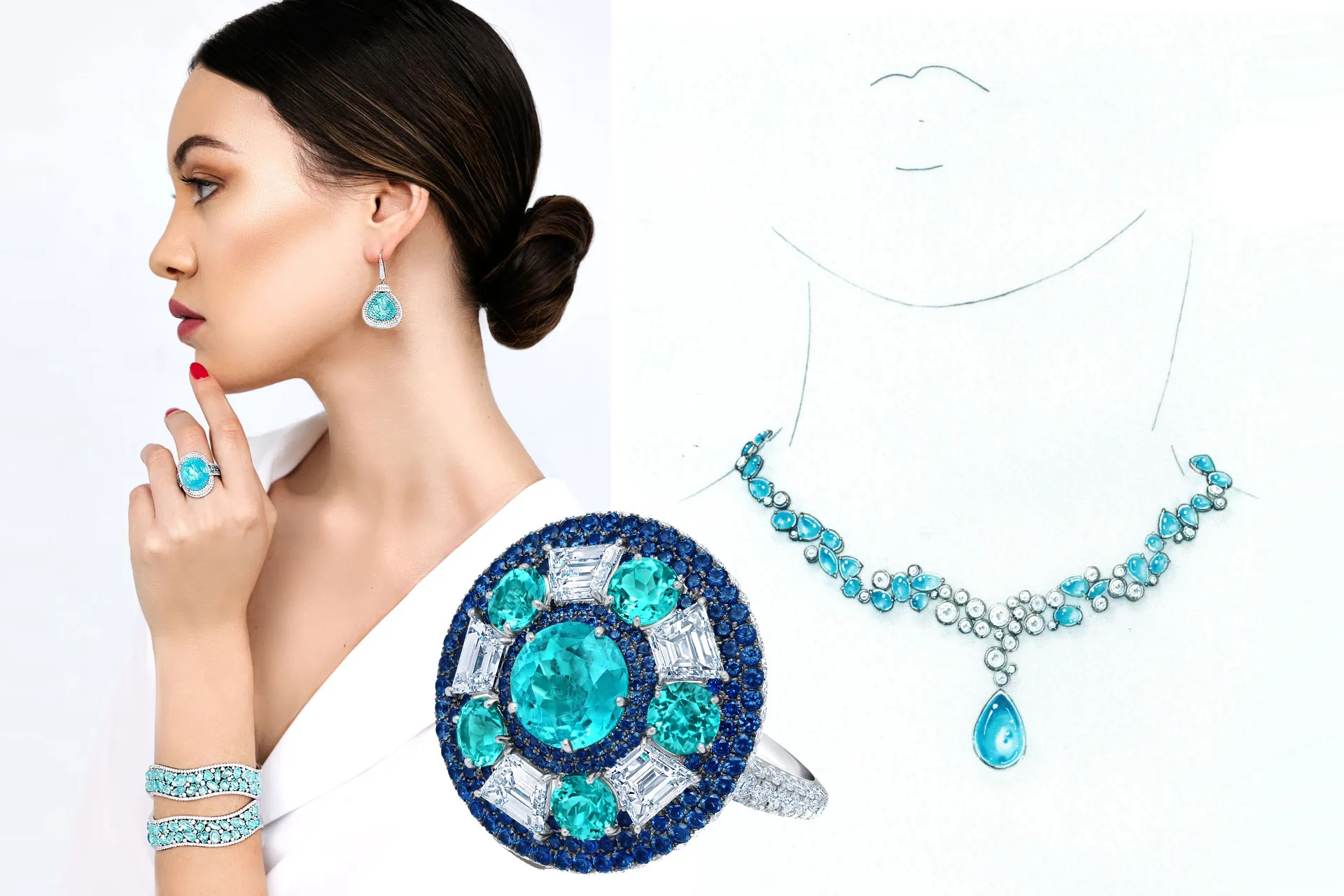 Martin Katz Brazilian Paraiba tourmaline and diamond Parasol ring with trapezoid diamonds, micro-set with 406 diamonds and sapphires, set in platinum, alongside a model wearing Martin Katz High Jewellery pieces from the Brazilian Paraiba Tourmaline & Diamond collection and an artistic rendering of a Paraiba tourmaline cabochon and diamond necklace ©martinkatzjewels