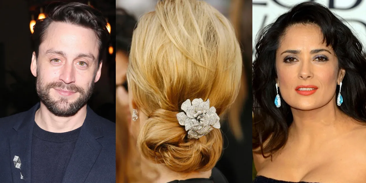 Famous faces in Martin Katz jewels, including (from left to right) Kieran Culkin in a Deco-inspired diamond lapel pin with French-cut, baguette-cut, and micro-set diamonds at the 2024 SAG Awards; Felicity Huffman with a Gardenia brooch in her hair at the Oscars, set with 1,300 diamonds weighing over 40 carats, and Salma Hayek in a pair of Brazilian Paraiba tourmaline and diamond earrings from the High Jewellery collection at the Golden Globe Awards ©martinkatzjewels
