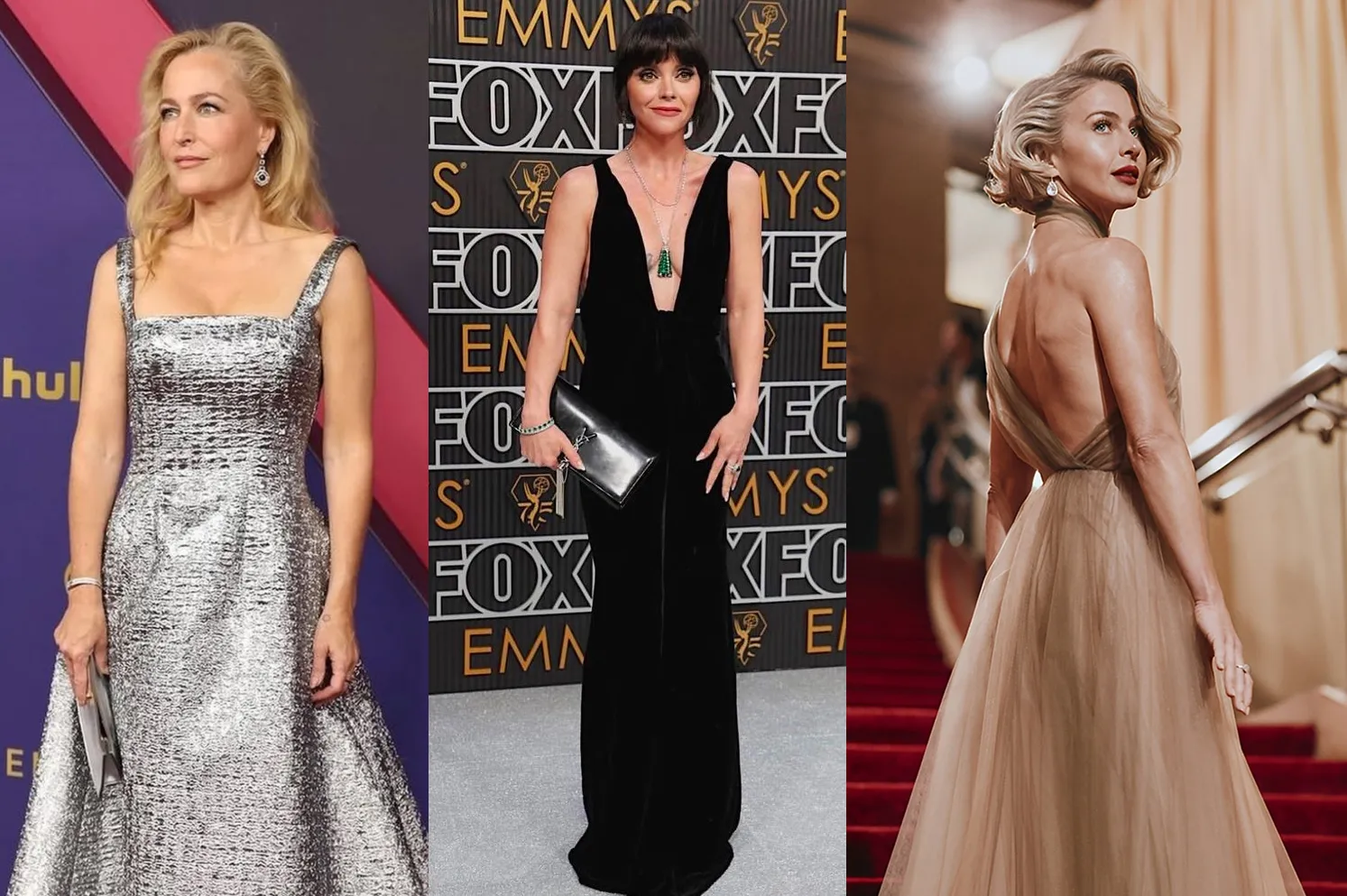 A trio of famous women wearing Martin Katz jewels, including (from left to right) Gillian Anderson at the 2024 Emmy Awards in a pair of black and white diamond Deco-inspired earrings in 18k white gold, Christina Ricci at the 2024 Emmy Awards wearing a pair of Emerald Diamond Tassel earrings, a cabochon emerald Parasol ring and an Emerald Bead Tassel necklace, plus further pieces, and Julianne Hough in a carré cut three-stone diamond ring in platinum and 7ct cushion-cut diamond drop earrings in 18k white gold ©martinkatzjewels