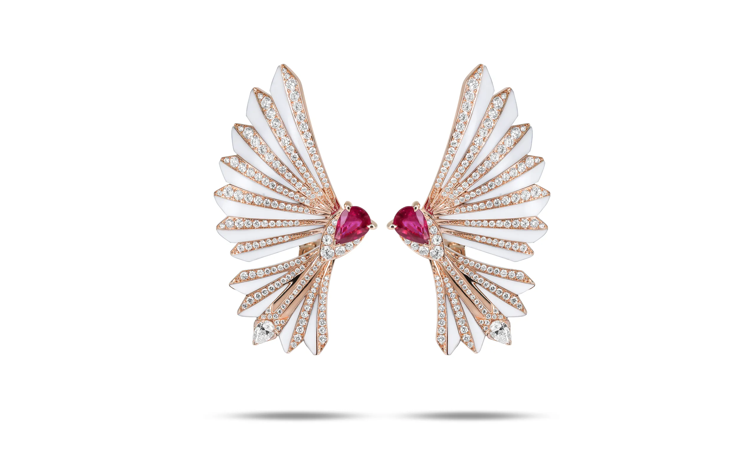 Mayiana MY Dove Peace earrings with 5.36 carats of white agate, 1.38 carats of rubies and diamonds in 18k rose gold 