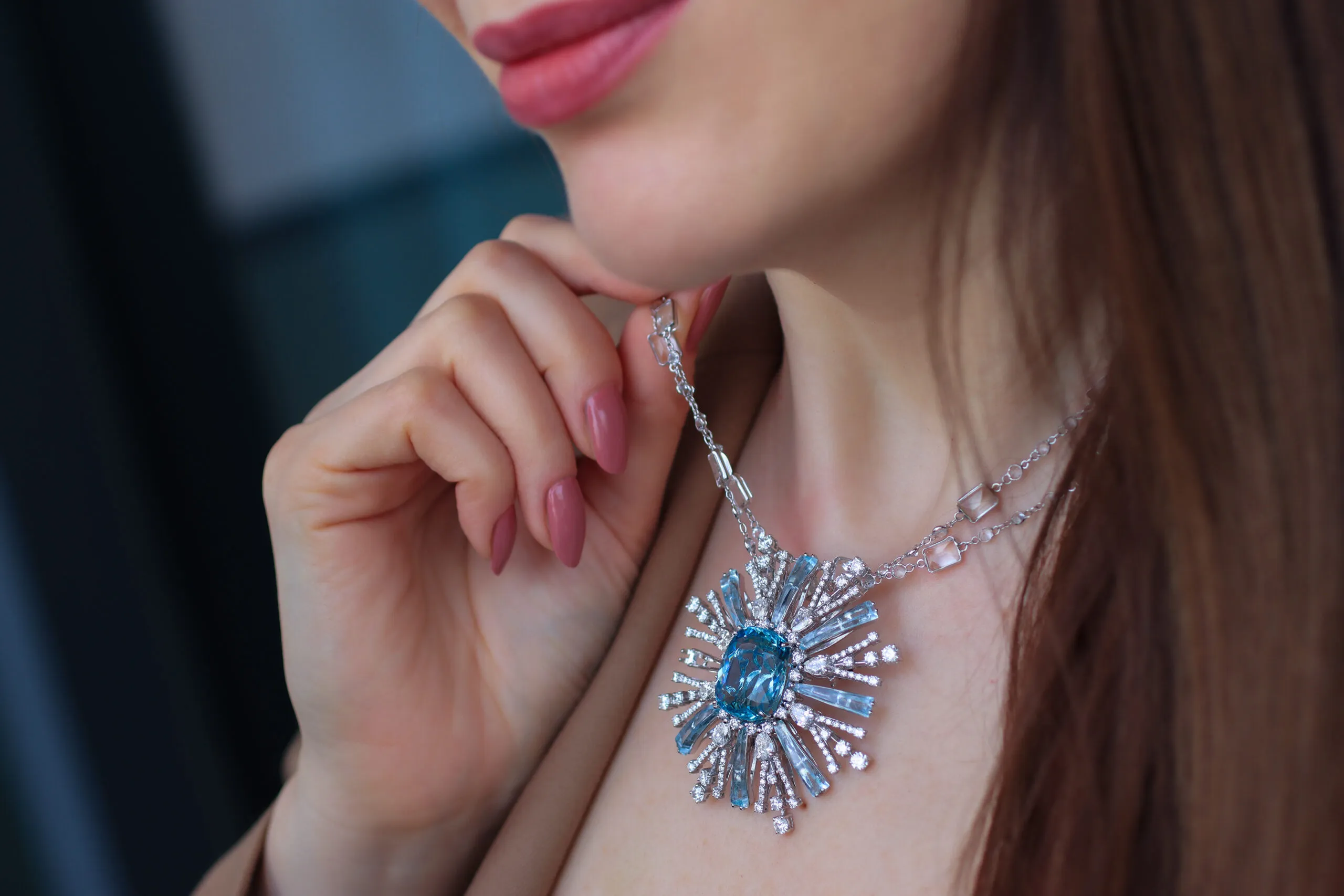 Katerina Perez wears a Mergin Jewelry by Mehragin Rahmati necklace with aquamarine and diamonds 