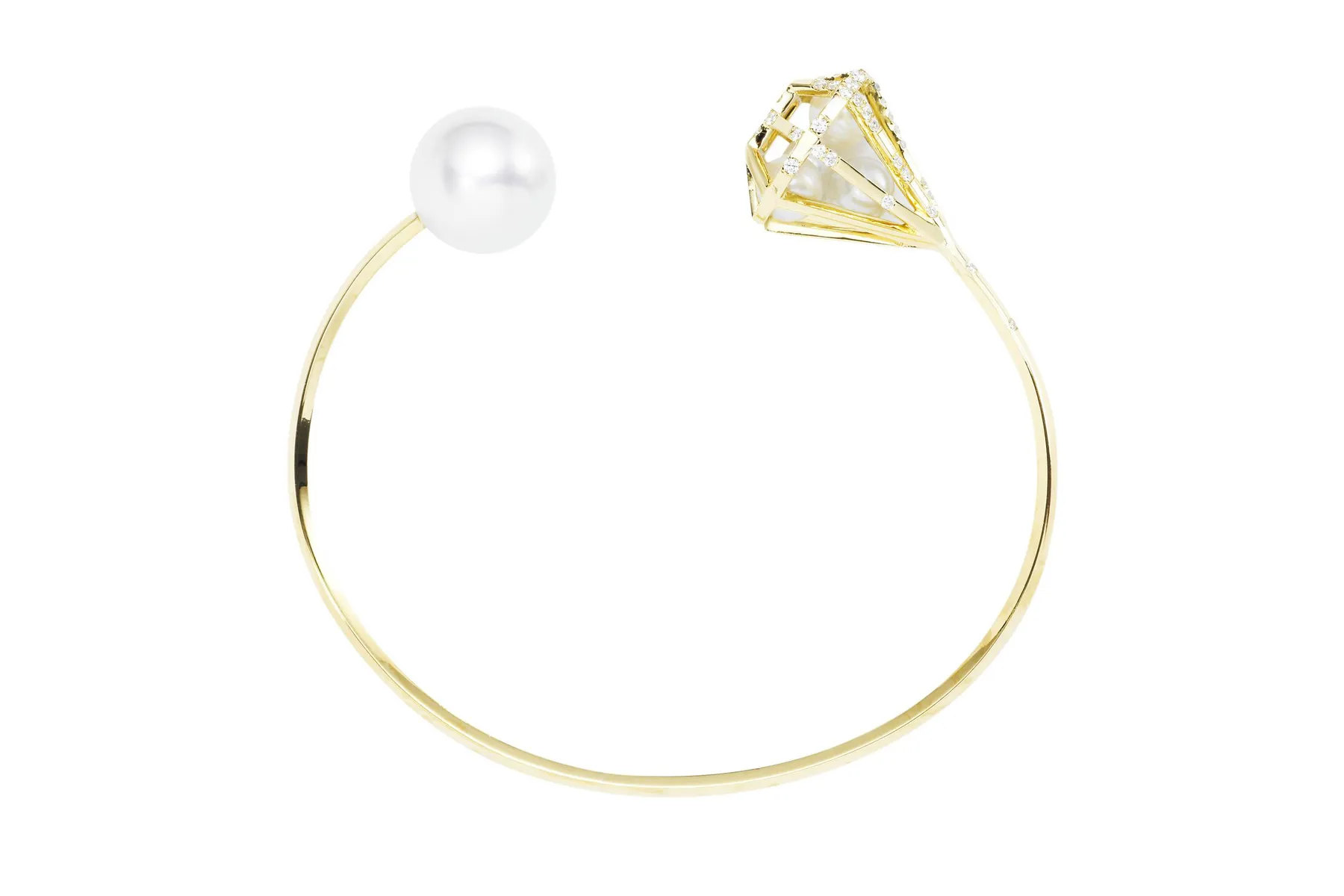 <p>Melanie Georgacopoulos ‘Caged’ 18k gold bangle with diamonds, freshwater pearls and 12mm South Sea pearl</p>