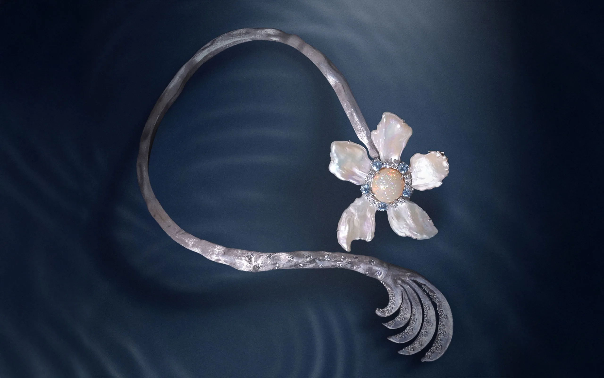 Mergin Jewelry by Mehragin Rahmati necklace with diamonds, aquamarine, opal and pearls 