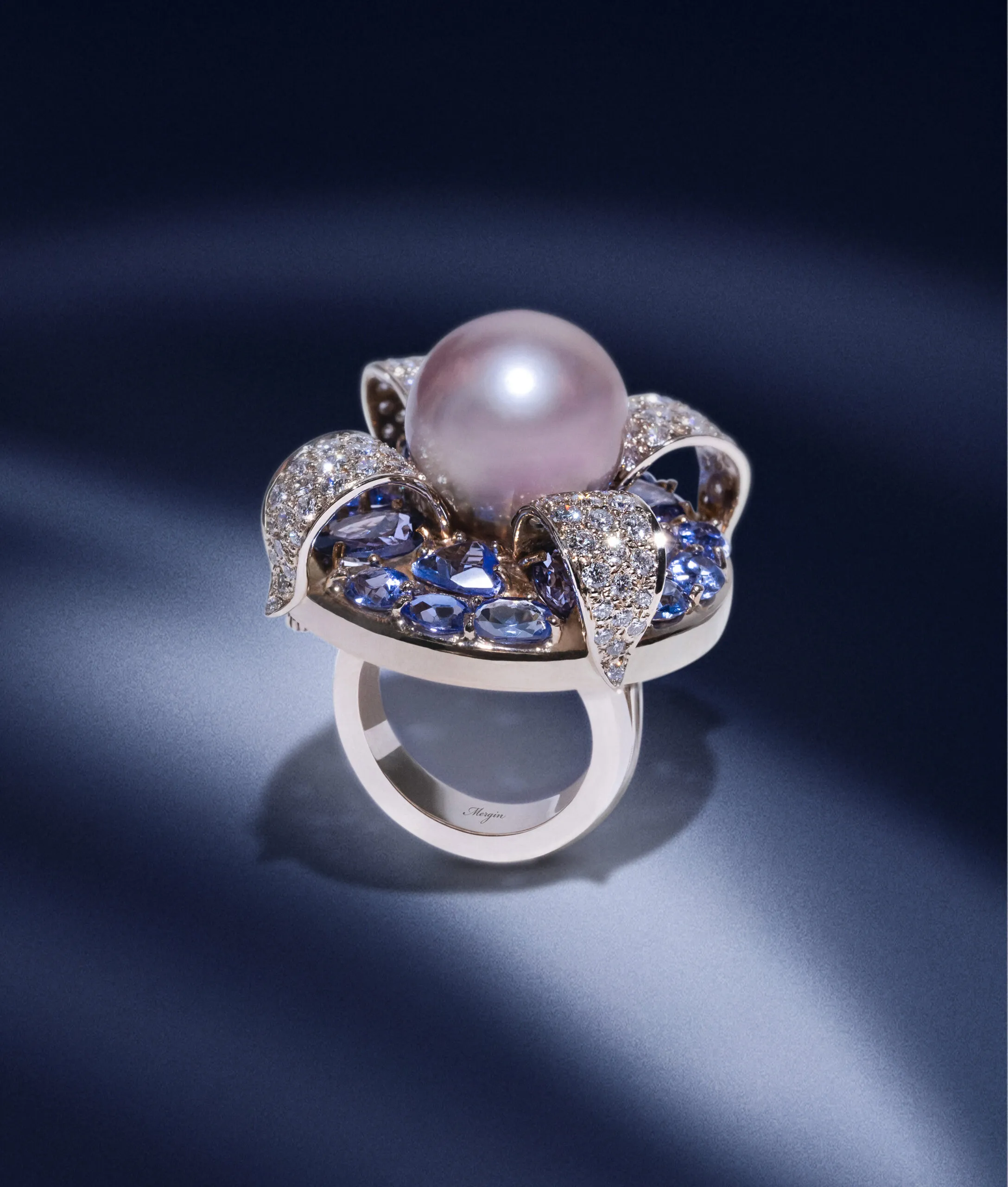 Mergin Jewelry by Mehragin Rahmati ring with a 17mm South Sea pearl, diamonds and tanzanite