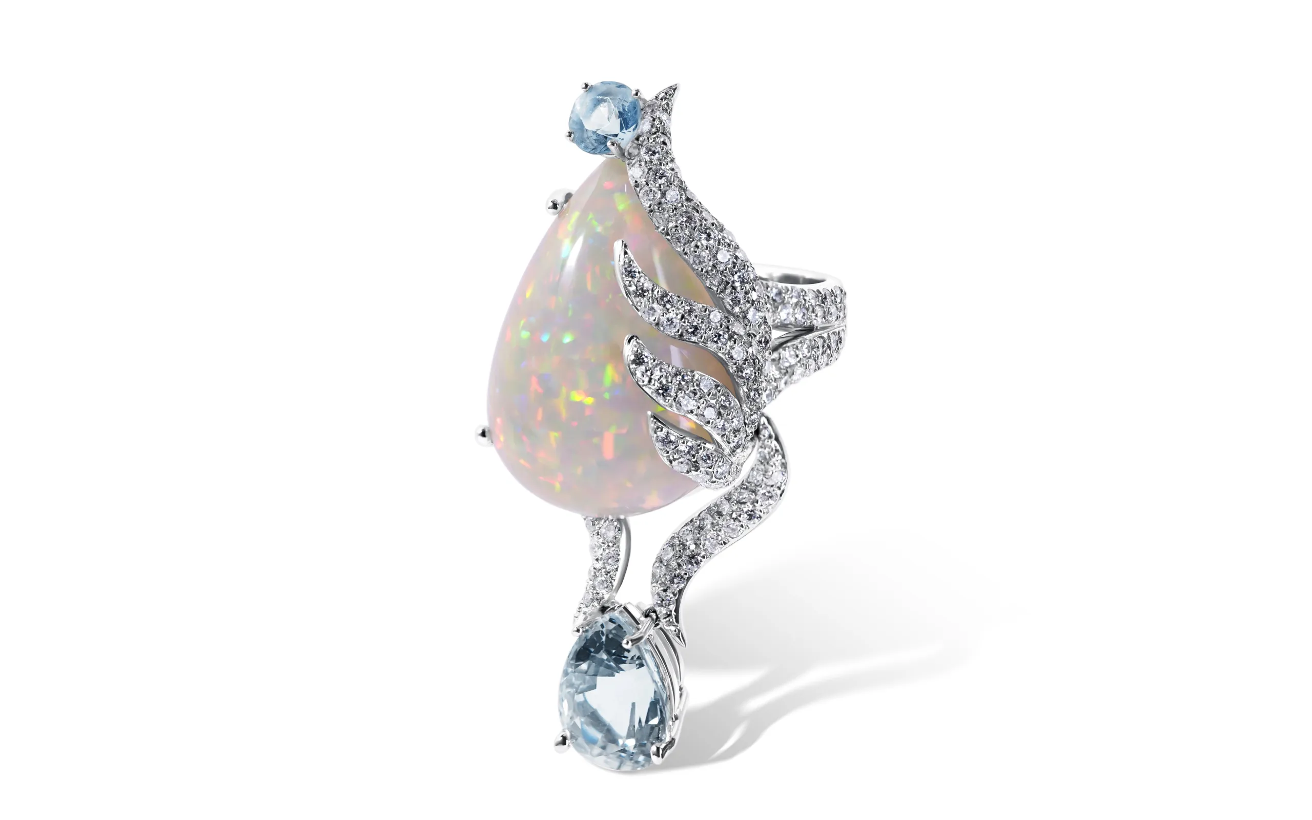 Mergin Jewelry by Mehragin Rahmati ring with a pear-shaped opal, diamonds, aquamarine and sapphire