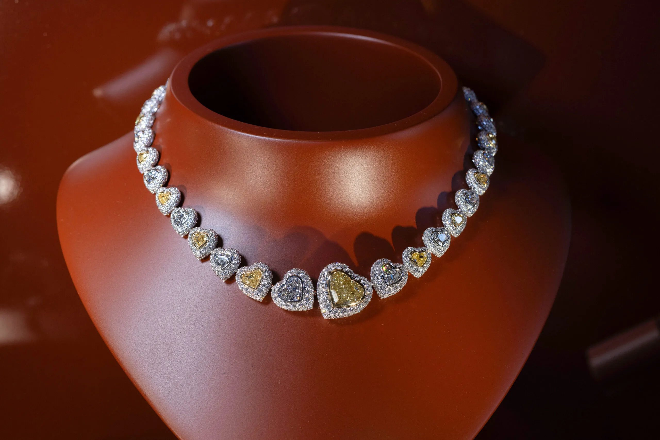 Messika Akoma necklace with a heart-shaped fancy yellow diamond of 8.12 carats surrounded by further white and yellow diamonds, set in 18k white gold, part of the Terres d’Instinct High Jewellery collection
