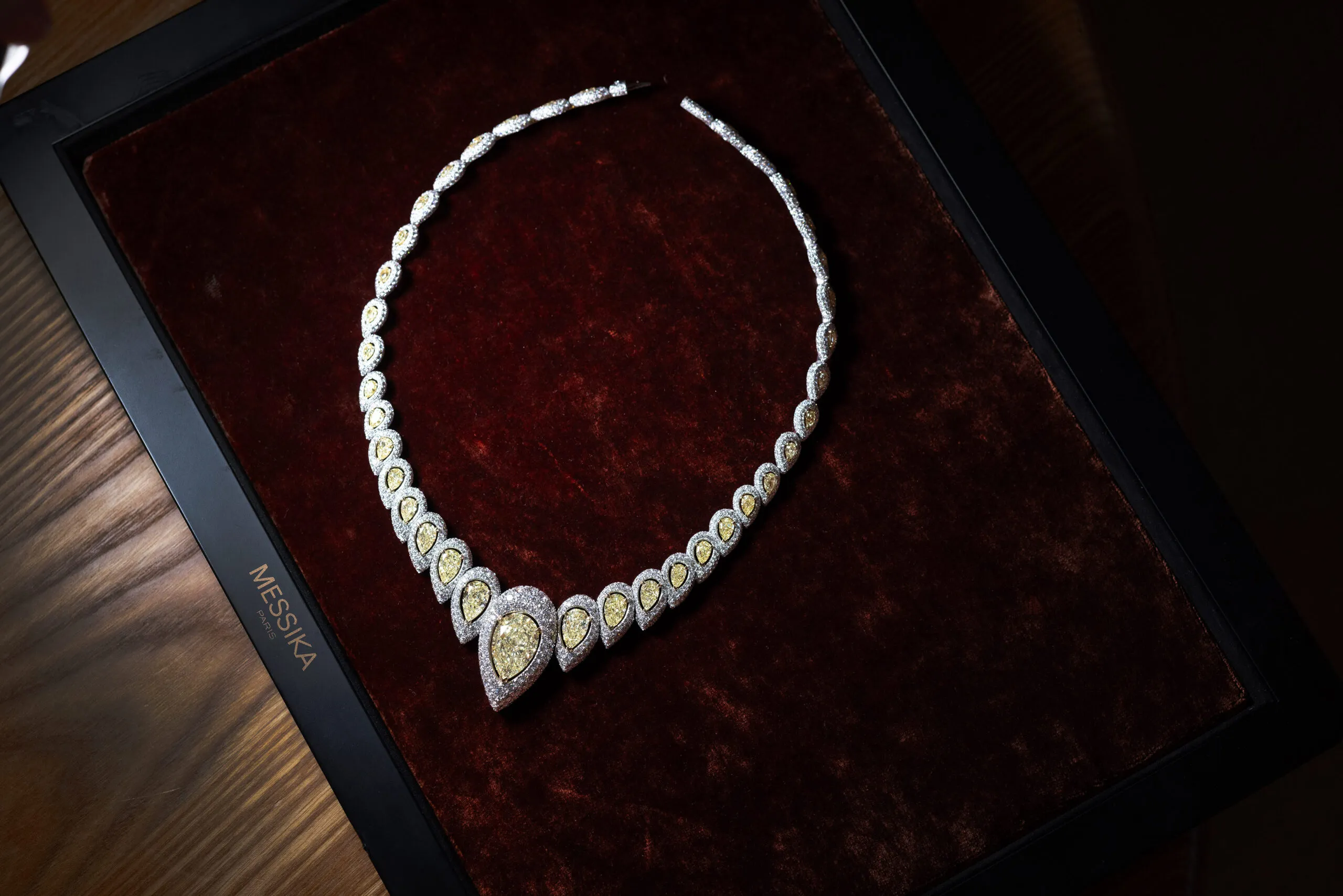 Messika Incandescence necklace with a fancy yellow pear-shaped diamond of 20.04 carats, surrounded by 37 yellow diamonds and white diamonds in 18k white gold, from the Terres d’Instinct High Jewellery collection