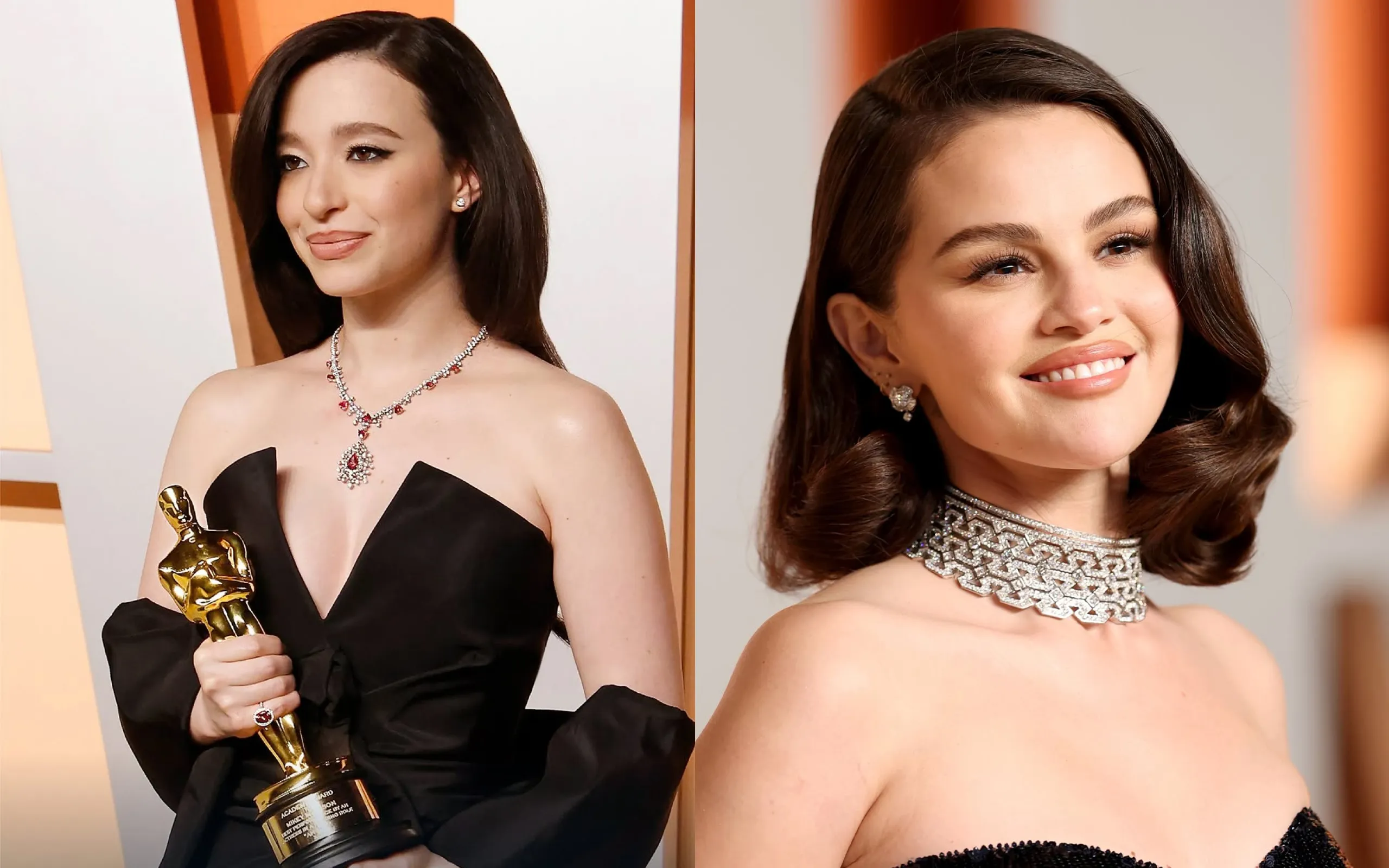Mikey Madison at the Vanity Fair Oscars After Party in a Tiffany & Co. necklace with 14 carats of spinels and diamonds in platinum and yellow gold, alongside Selena Gomez in another diamond High Jewellery necklace by Bvlgari 