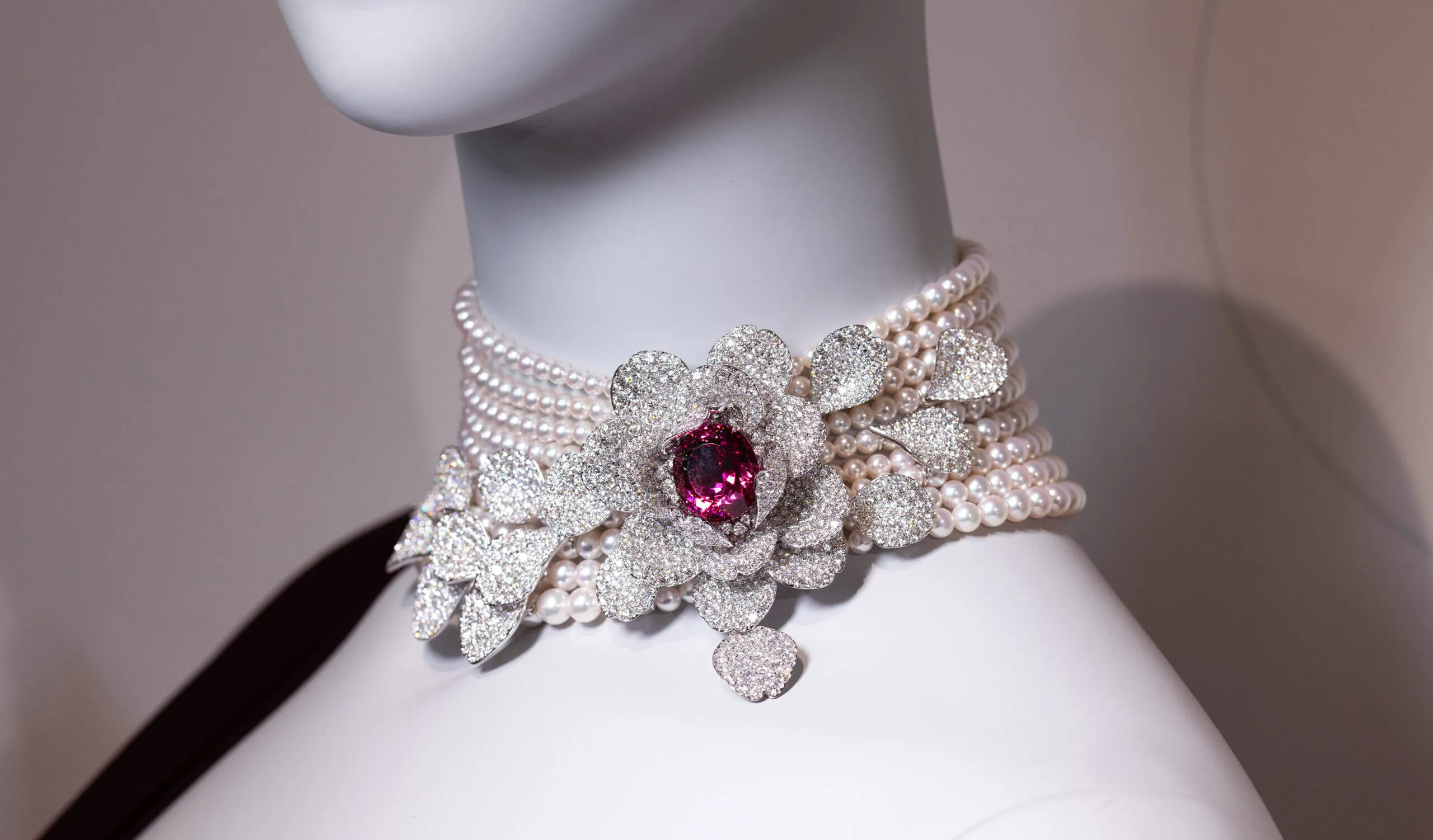 An Akoya cultured pearl choker necklace with a 24.17-carat tourmaline and 49.94 carats of diamonds, set in 18k white gold, part of the Mikimoto Les Pétales High Jewellery collection