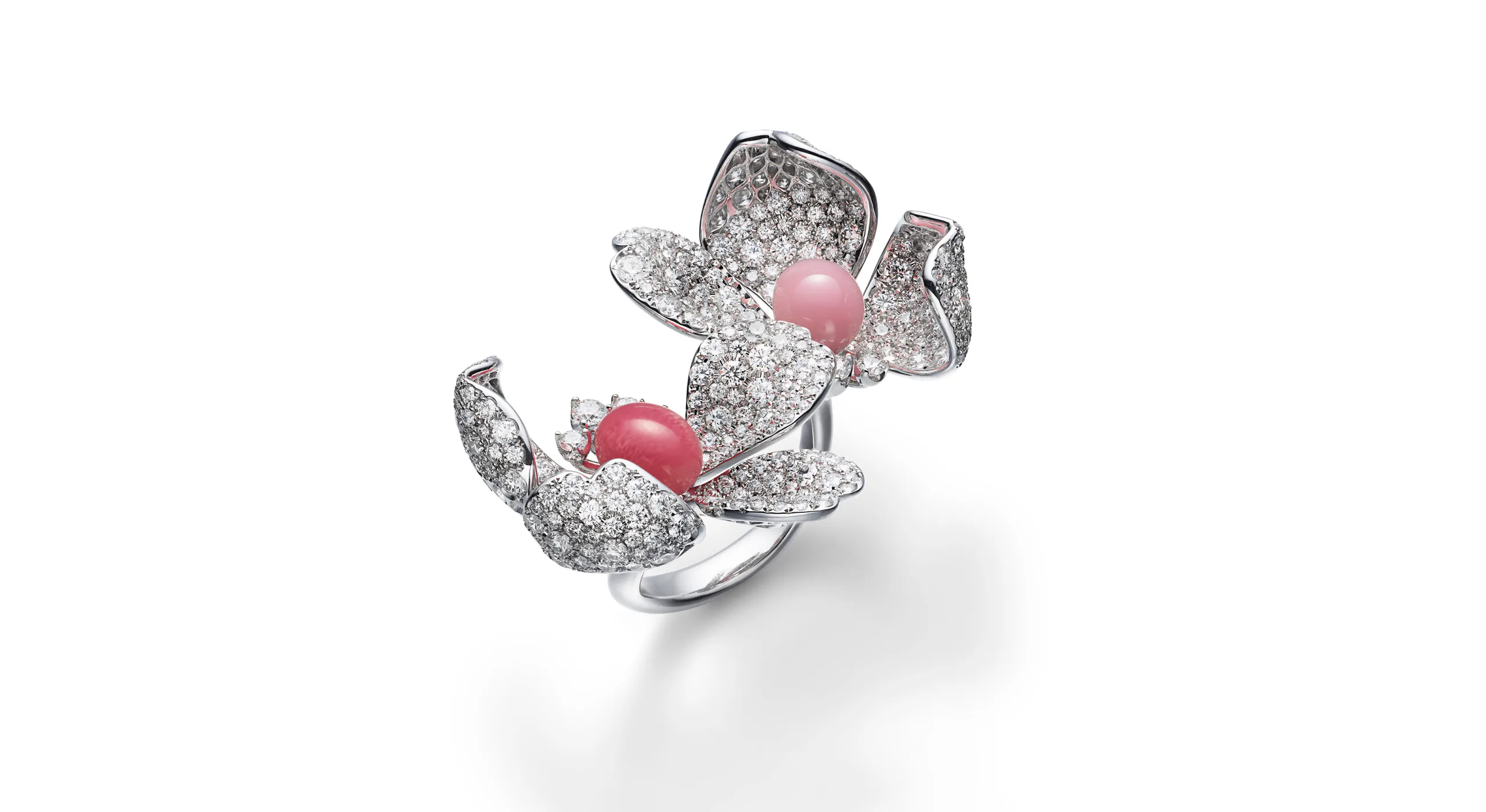 A natural conch pearl ring with 3.95 carats of diamonds set in 18k white gold, part of the Mikimoto Les Pétales High Jewellery collection