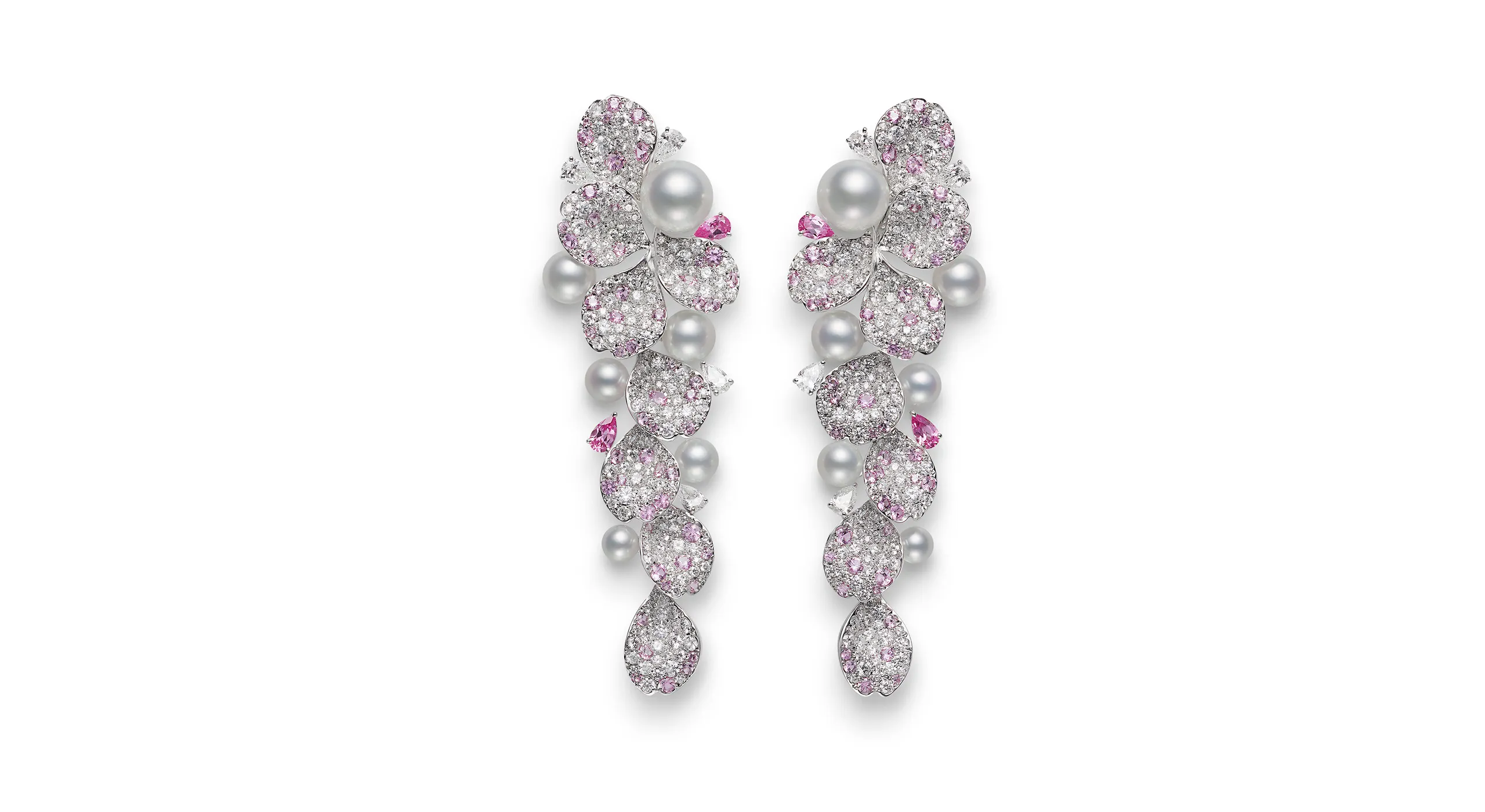 Akoya cultured pearl earrings with 3.63 carats of sapphire and 7.09 carats of diamonds in 18k white gold, part of the Mikimoto Les Pétales High Jewellery collection