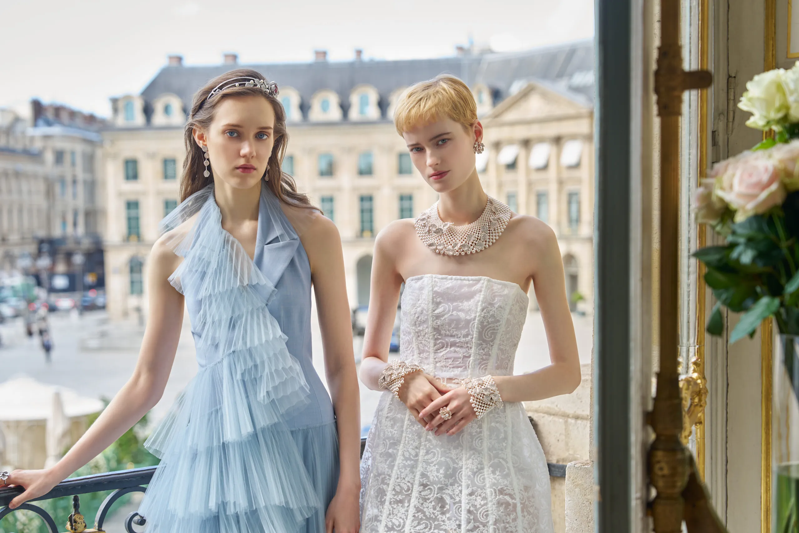 Models wear creations from the Mikimoto Les Pétales High Jewellery collection at the brand's launch event during Paris Haute Couture Week 