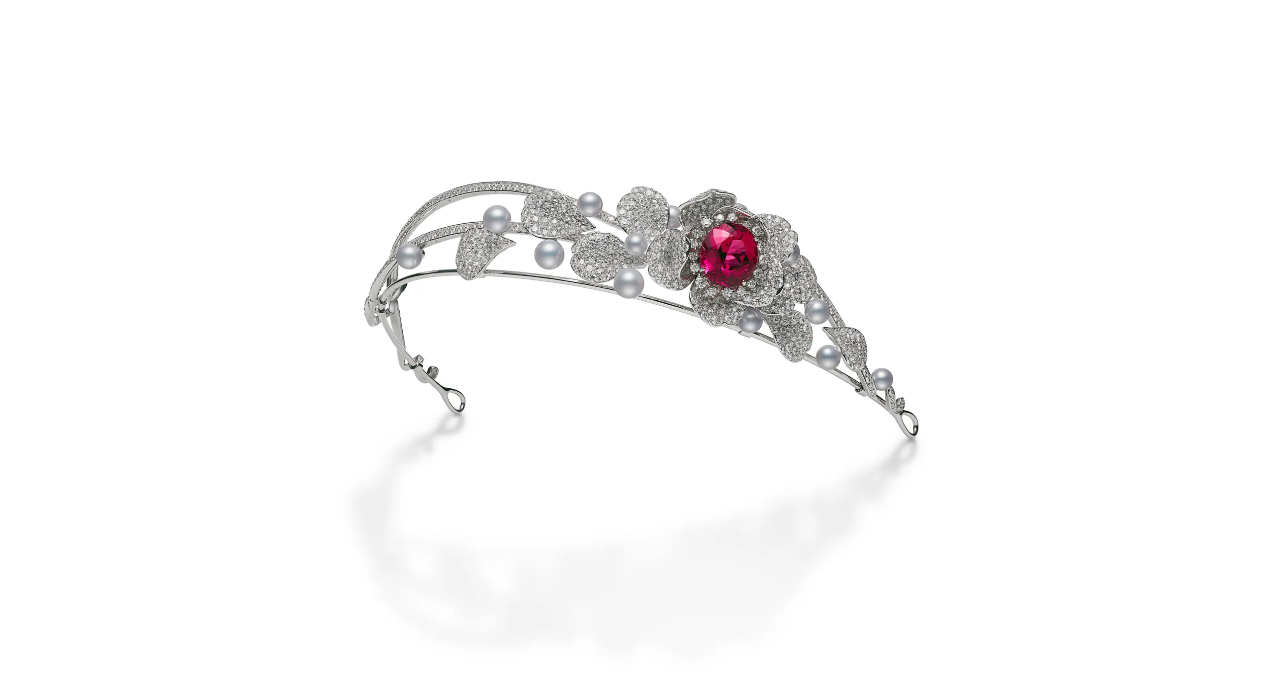 An Akoya cultured pearl head jewel with a 13.10-carat rubellite and 22.84 carats of diamonds in 18k white gold, part of the Mikimoto Les Pétales High Jewellery collection
