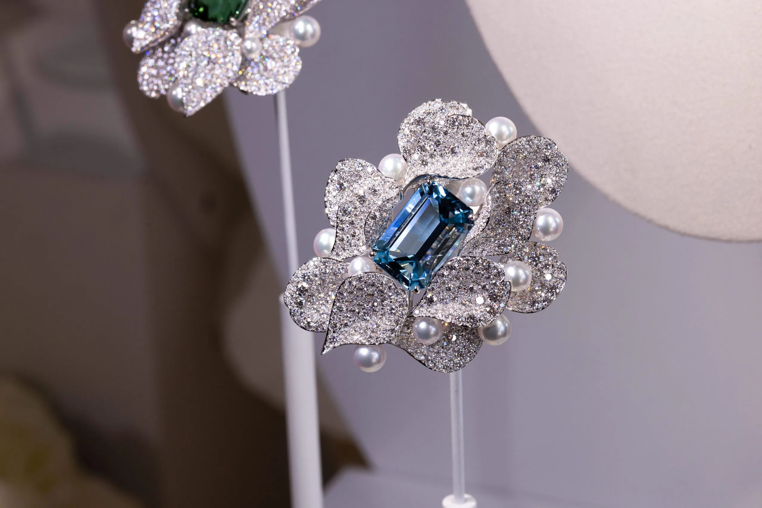 A new creation from the Mikimoto Les Pétales High Jewellery collection set with a 20.48-carat aquamarine, 20.67 carats of diamonds and Akoya cultured pearls in 18k white gold 