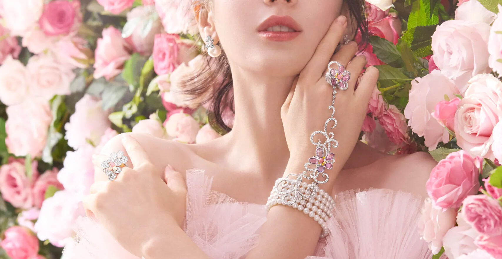 Mikimoto’s global brand ambassador, Dilraba Dilmurat, a Chinese actress and singer, wears a hand jewel with a bracelet and connected ring from the Les Pétales High Jewellery collection