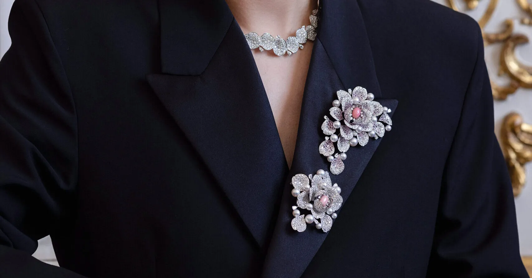 A natural conch pearl brooch with Akoya cultured pearls, 17.86 carats of sapphires and 31.87 carats of diamonds set in 18k white gold, part of the Mikimoto Les Pétales High Jewellery collection