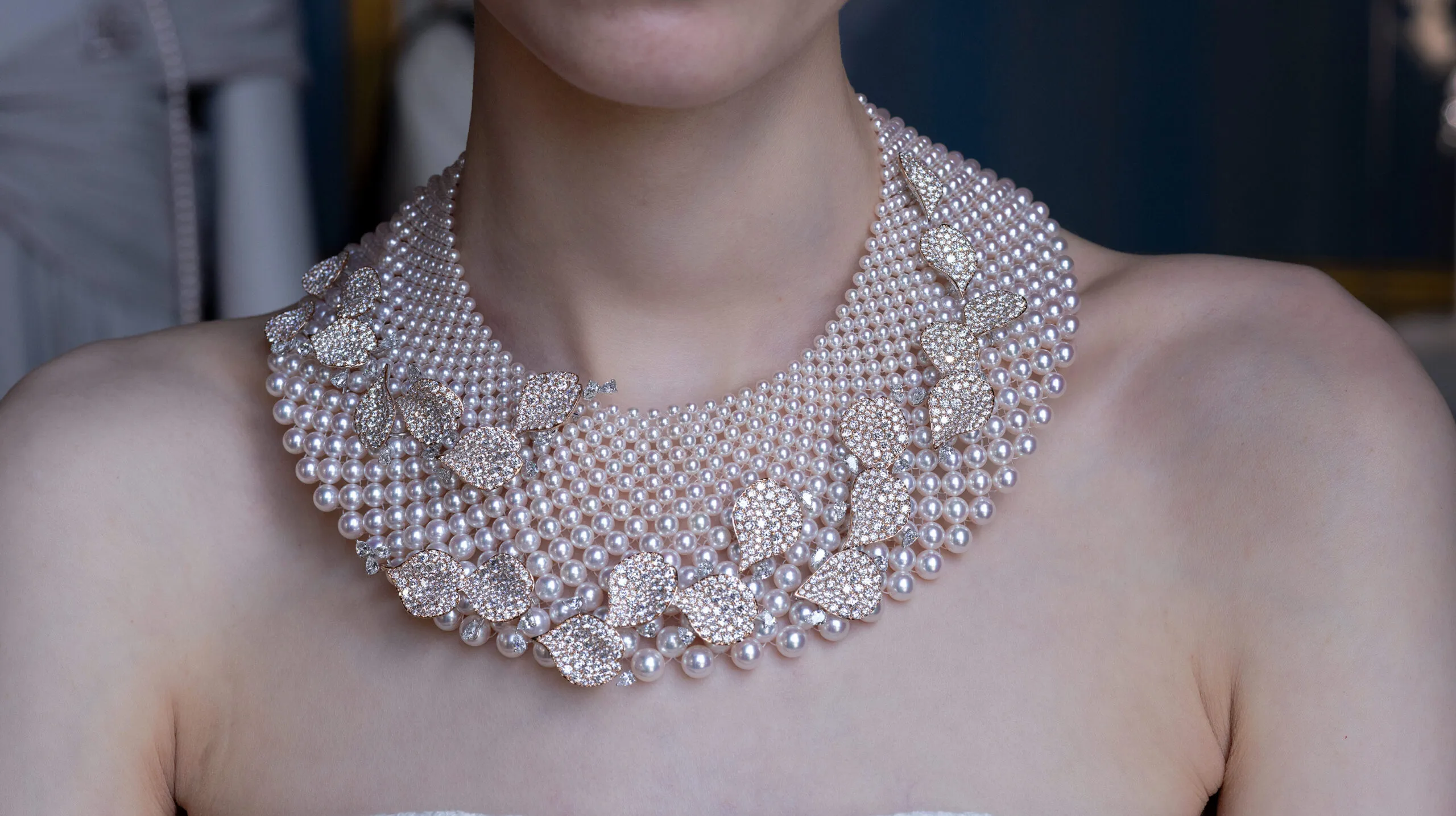 An Akoya cultured pearl necklace with 51.99 carats of diamonds set in 18k rose gold, part of the Mikimoto Les Pétales High Jewellery collection