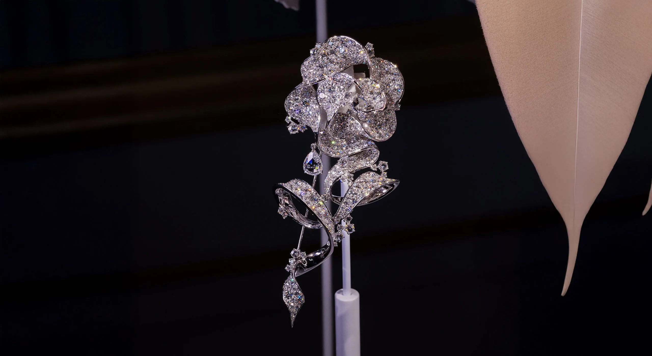 A brooch with more than 15 carats of diamonds from the Mikimoto Les Pétales High Jewellery collection, launched at Paris Haute Couture Week