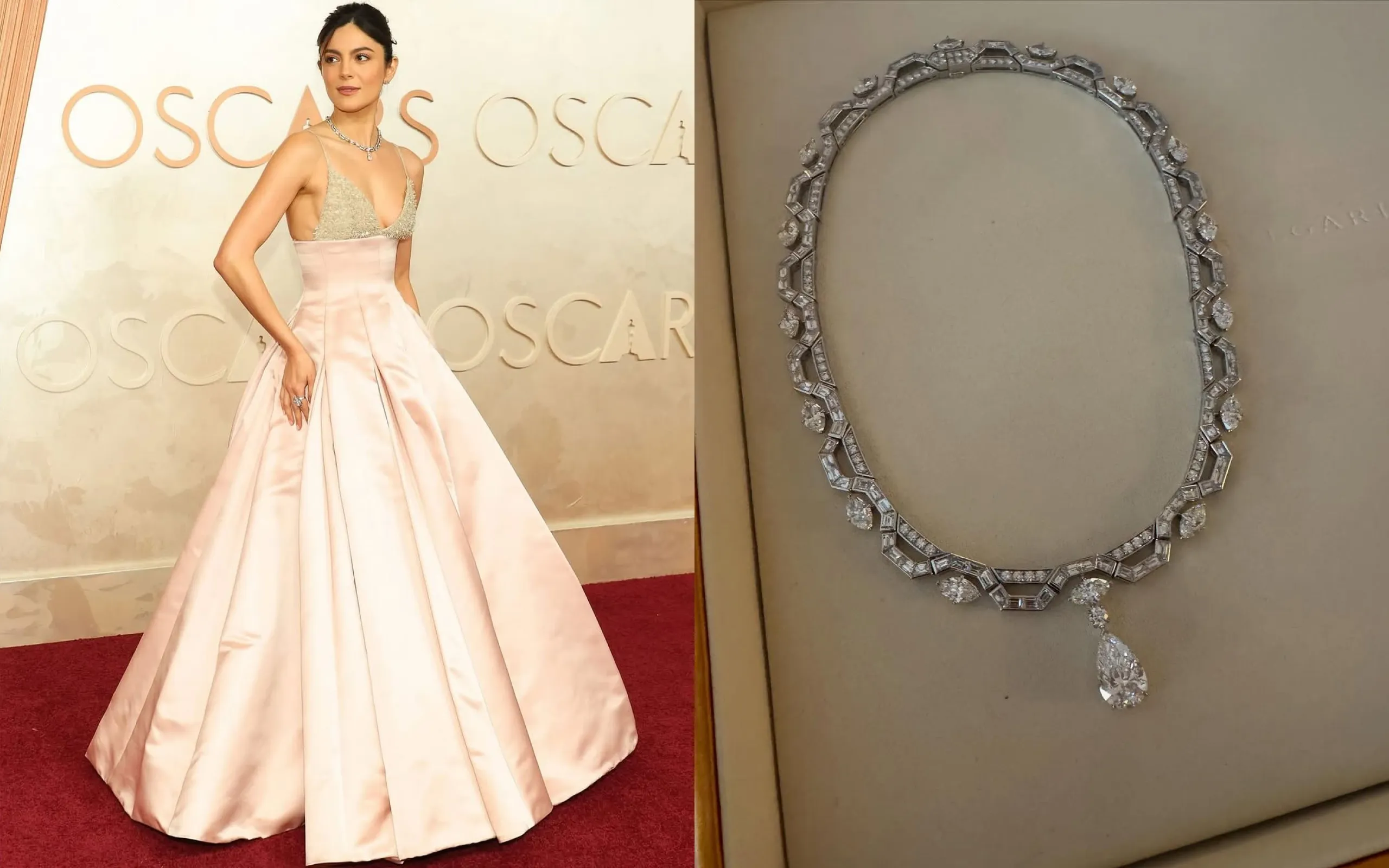 Monica Barbaro at the 97th Annual Academy Awards wearing a Bvlgari High Jewellery necklace with a pear-shaped diamond drop, pictured right