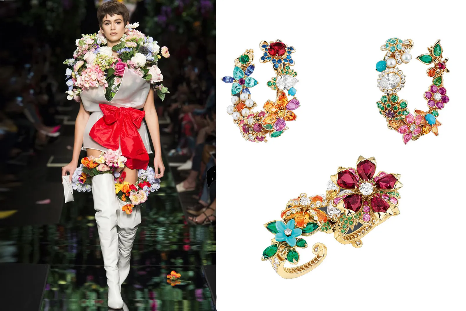 <p>Moschino and Dior à Versailles ‘Côte Jardins’ double finger ring and ‘Diamond Flower Garland’ earrings</p>
