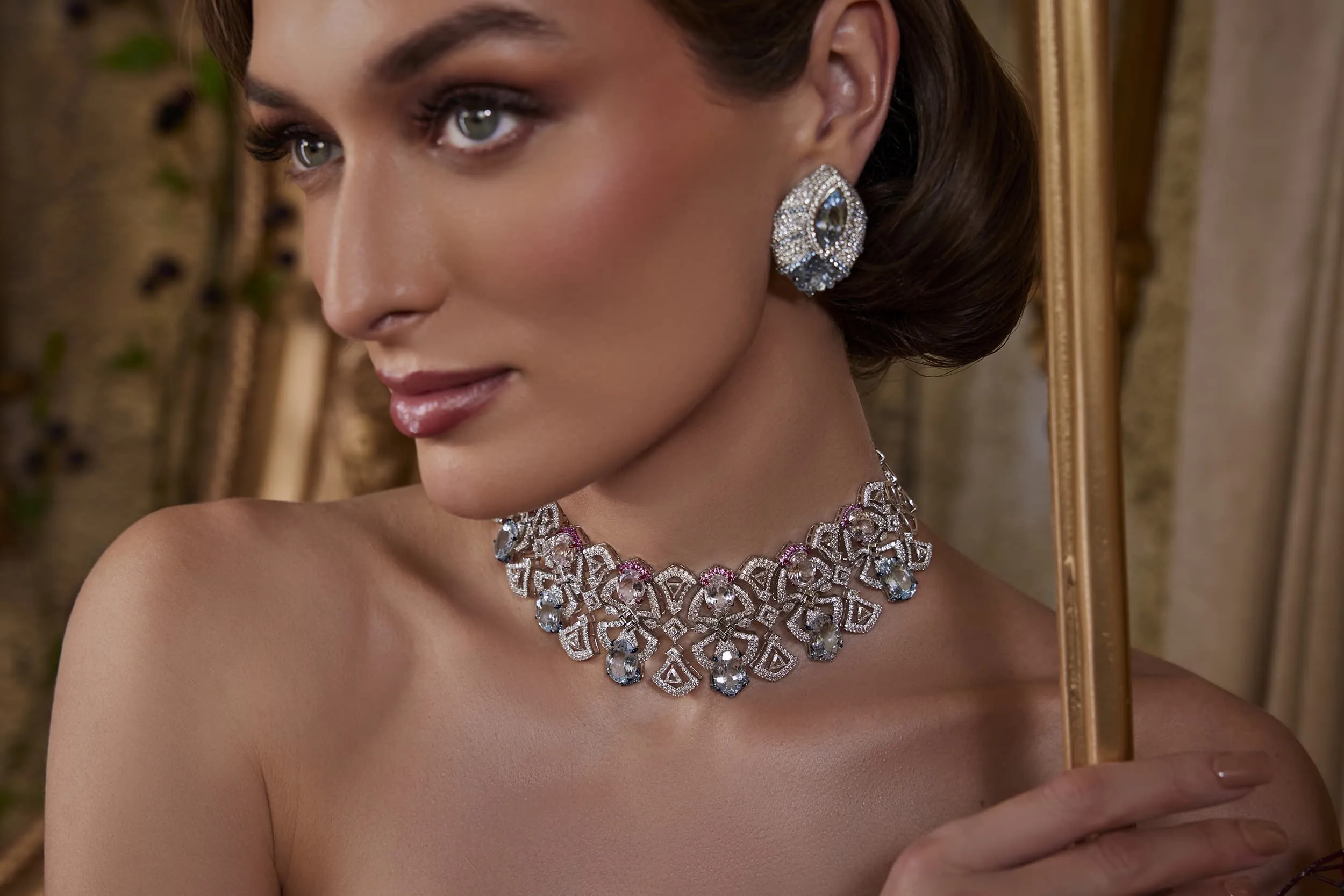 <p>Aquamarine and diamond earrings; aquamarine, morganite and diamond necklace with pink pavé sapphires. Distinctive colours are in Mrs. Marquise’s DNA</p>