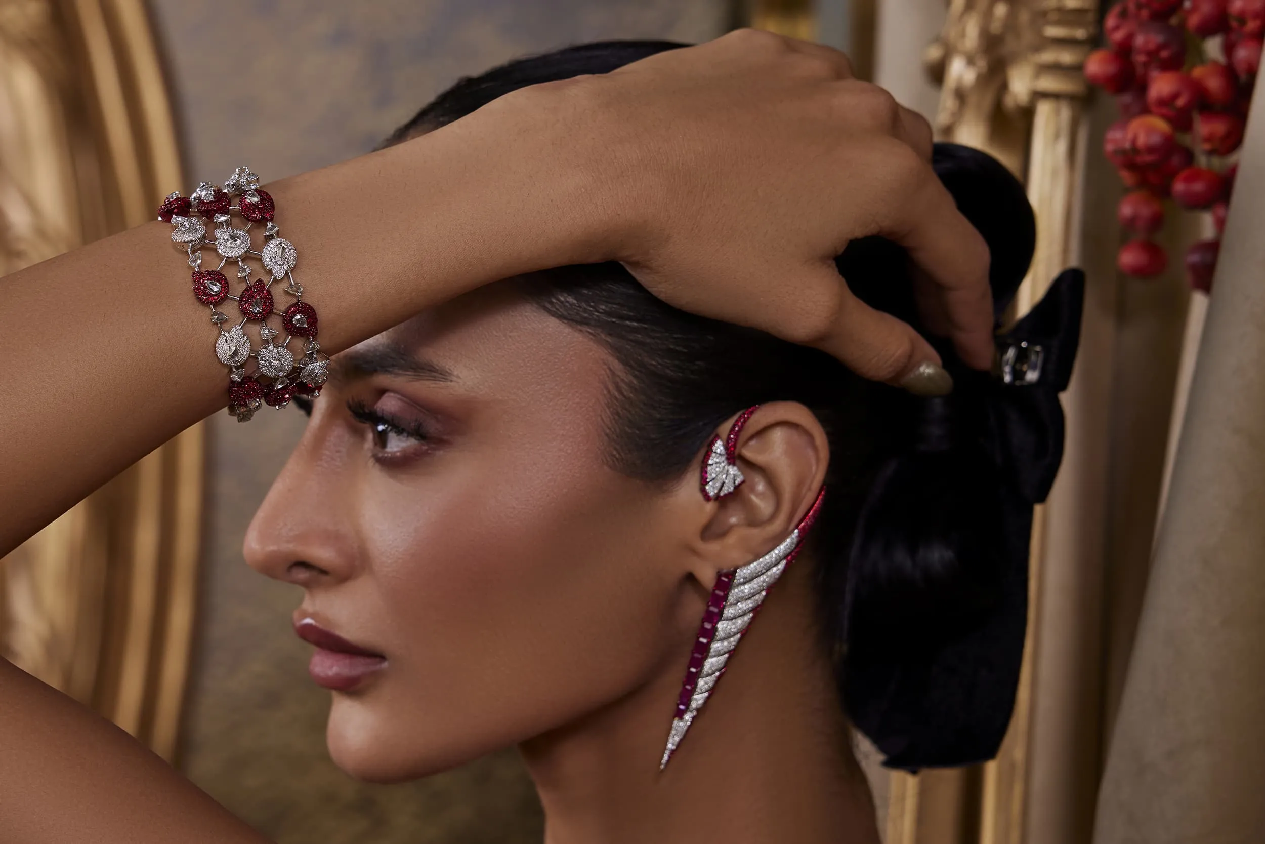 <p>A geometric ruby and diamond ear cuff—Mrs. Marquise’s contemporary twist on this classic Indian adornment</p>