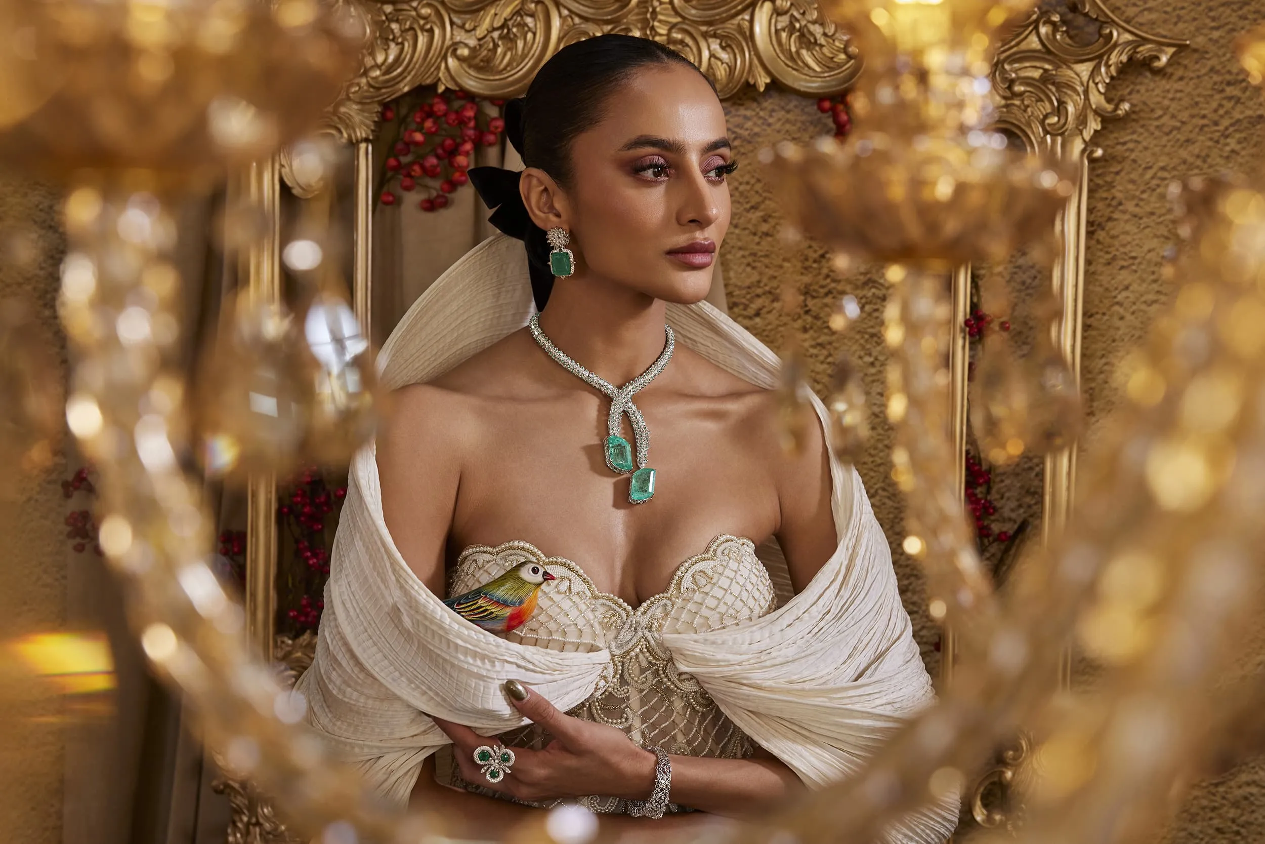 <p>The captivating and distinctive artistry of Mrs. Marquise’s exceptional emerald and diamond necklace and earrings</p>