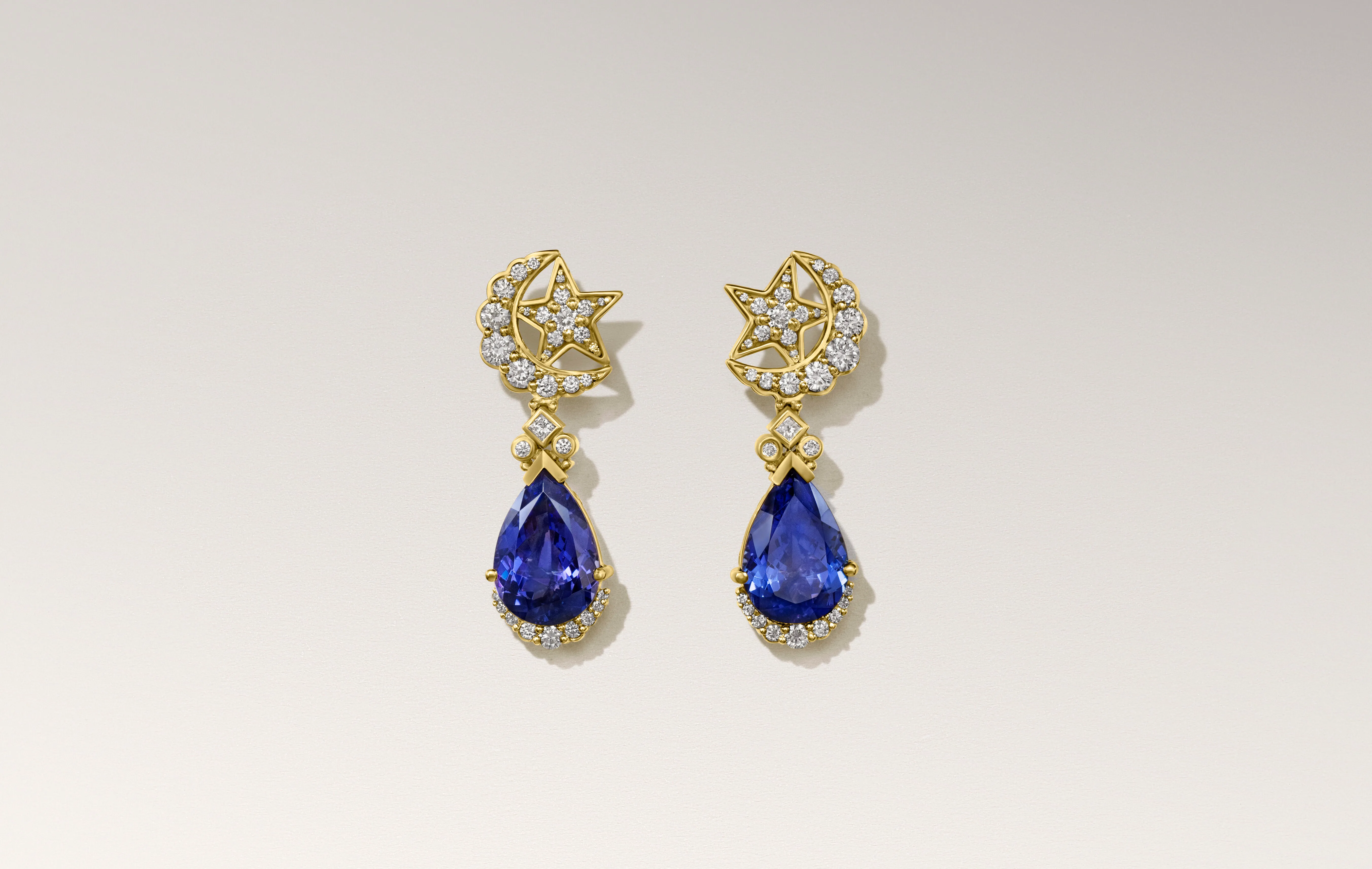 Azza Fahmy Ottoman Star & Crescent earrings from the second chapter of the Tales of the Nile High Jewellery collection earrings with pear-shaped tanzanites and diamonds in yellow gold 