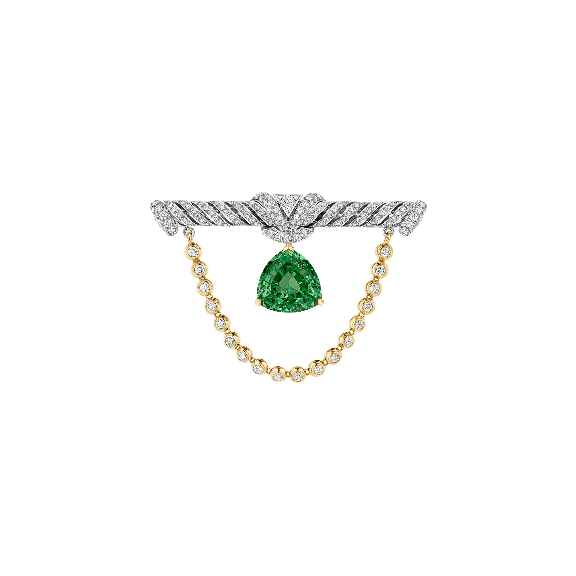 Louis Vuitton Phénoménal tie clip with tsavorite garnet and diamonds from Chapter II of the Awakened Hands, Awakened Minds High Jewellery collection