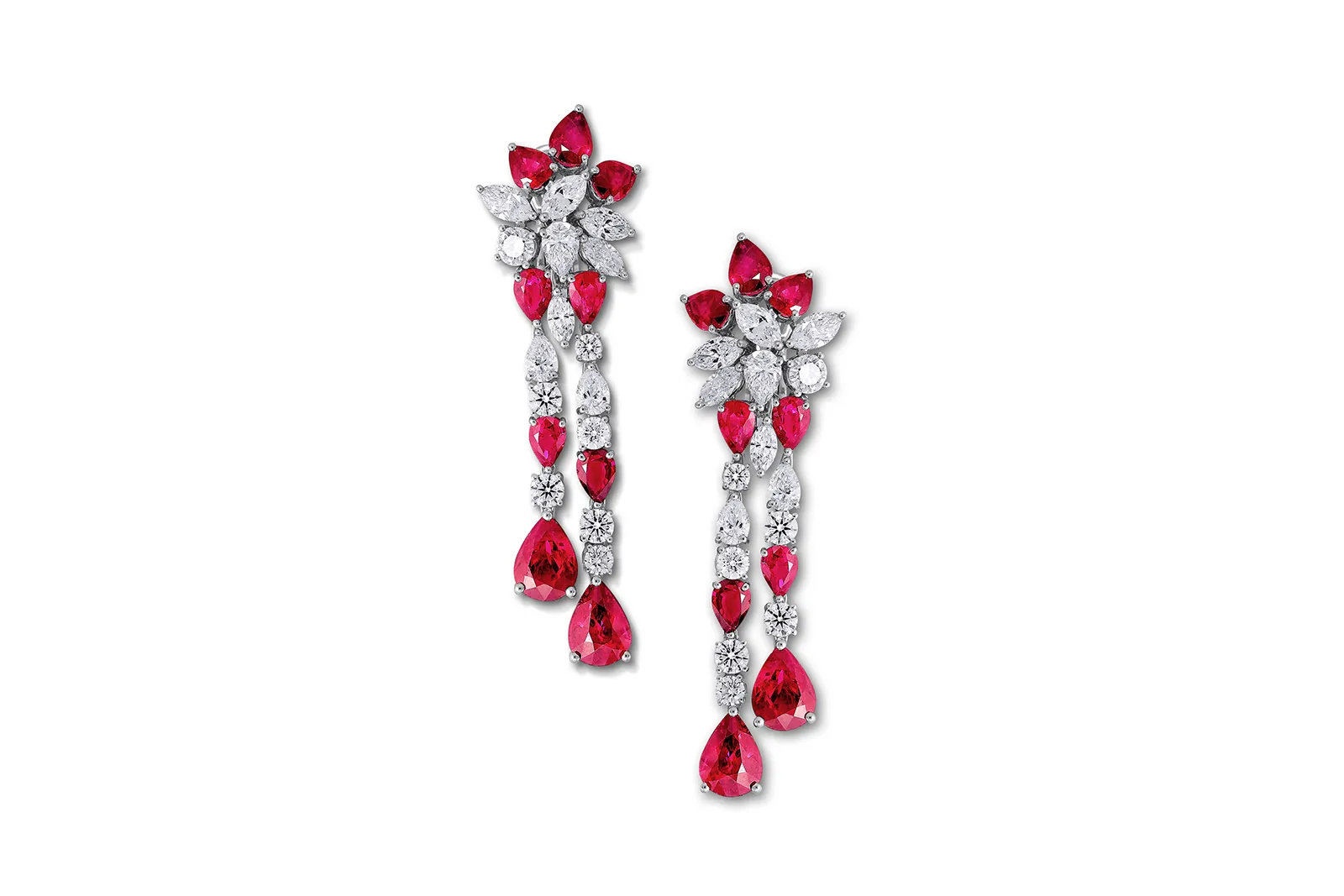 Picchiotti Burma Super Star earrings from the Picchiotti Classics collection with pear-shaped Burmese rubies totalling nearly 16 carats alongside pear-shaped, marquise-shaped and round brilliant-cut diamonds totalling 6.54 carats, set in 18k white gold 