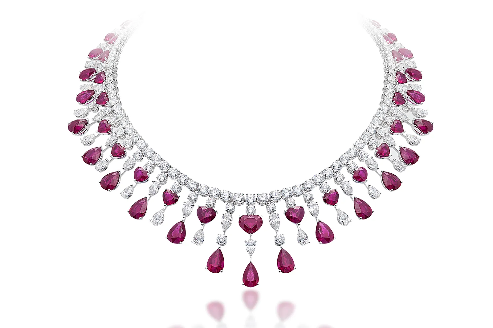 Picchiotti Burma Super Star necklace from the Picchiotti Classics collection with 44.74 carats of heart-shaped Burmese rubies, further Burmese rubies totalling approximately 63 carats, and pear-shaped, marquise-shaped and round brilliant-cut diamonds totalling more than 50 carats, set in 18k white gold 