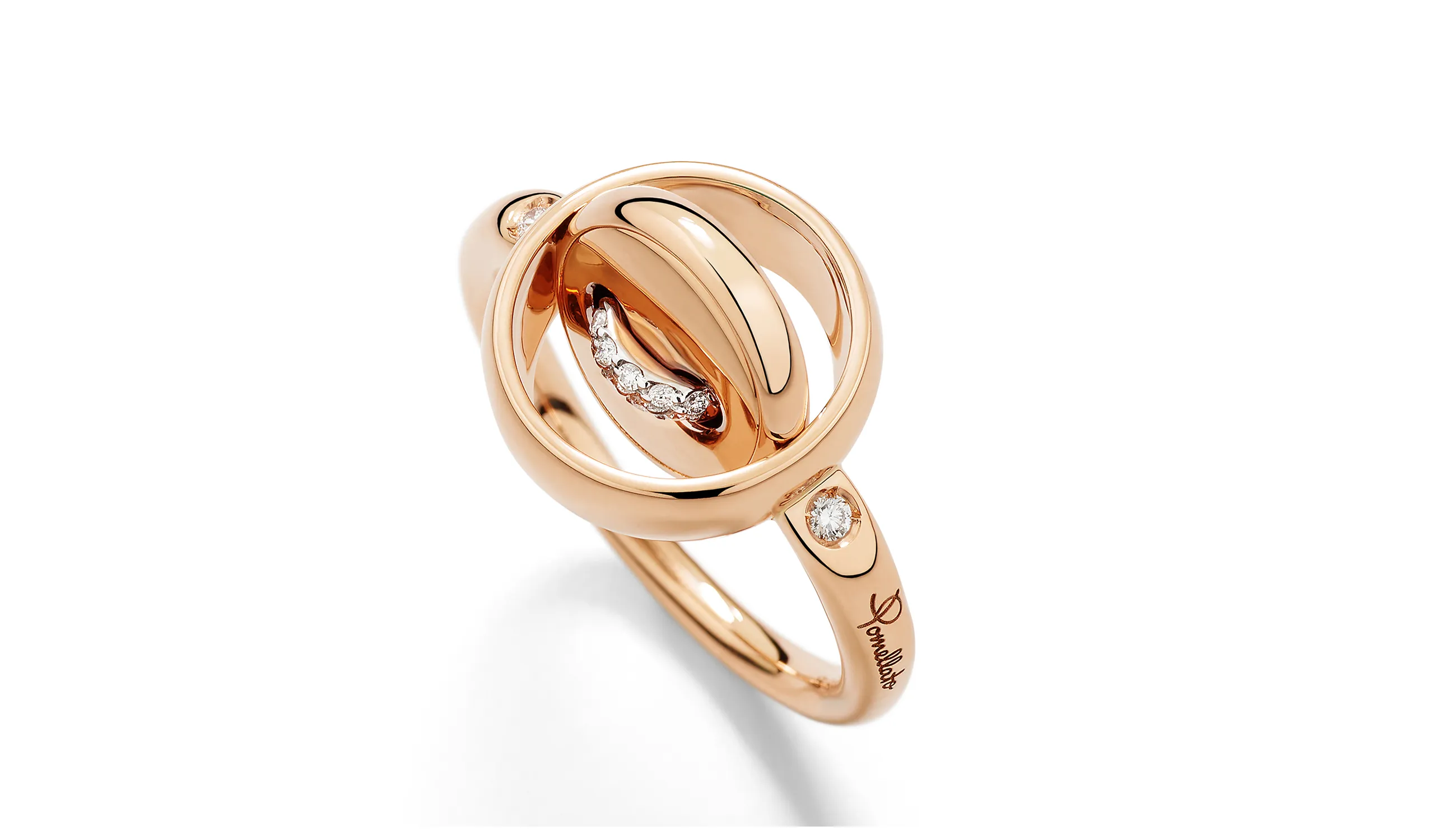 Pomellato Pom Pom Dot reversible ring in 18k rose gold, featuring white diamonds on rhodium-plated rose gold on one side and a turquoise cabochon on the other