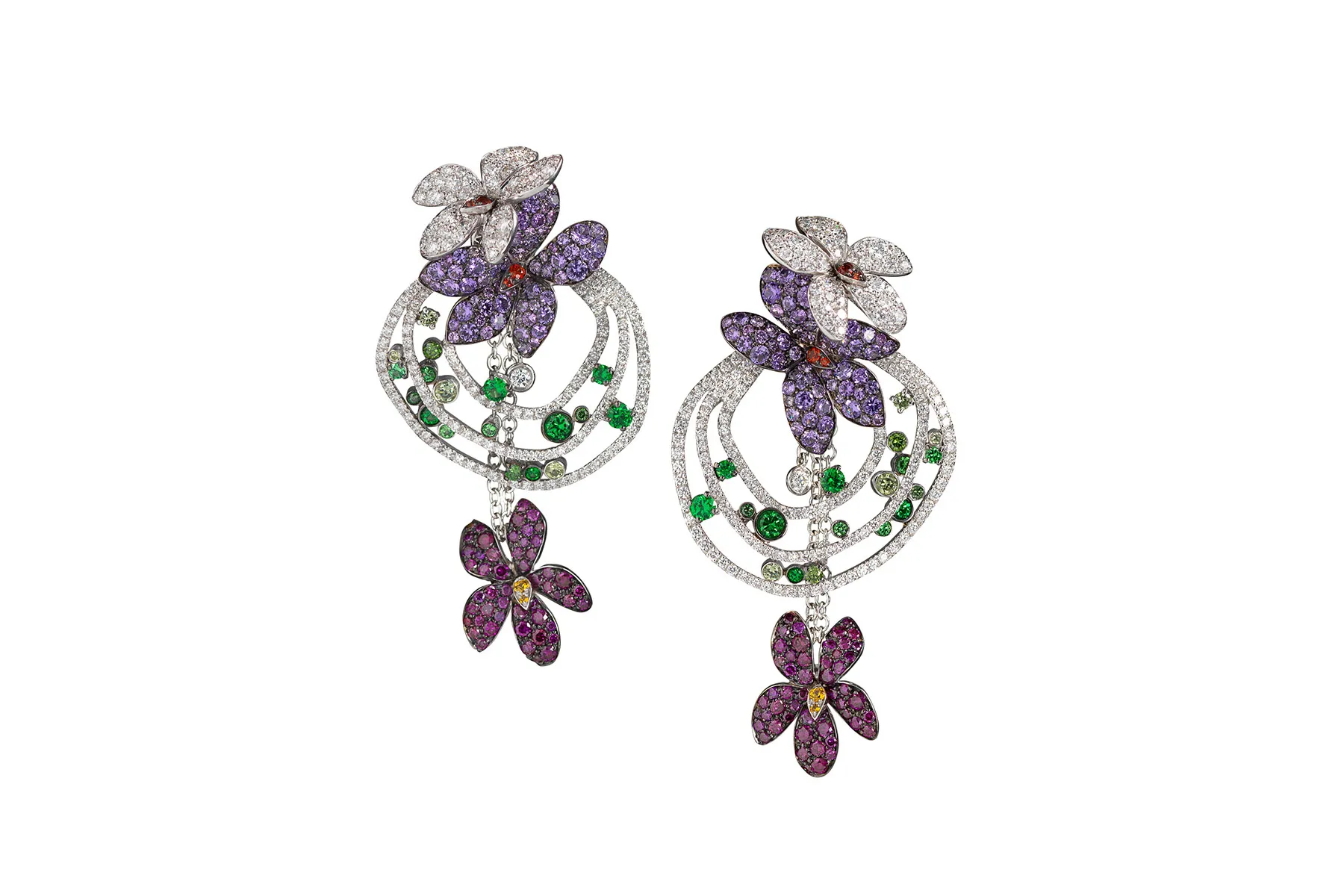 <p>Palmiero &#8216;Violet&#8217; earrings in colourless diamonds, sapphires and semiprecious stones on 18k white gold</p>
