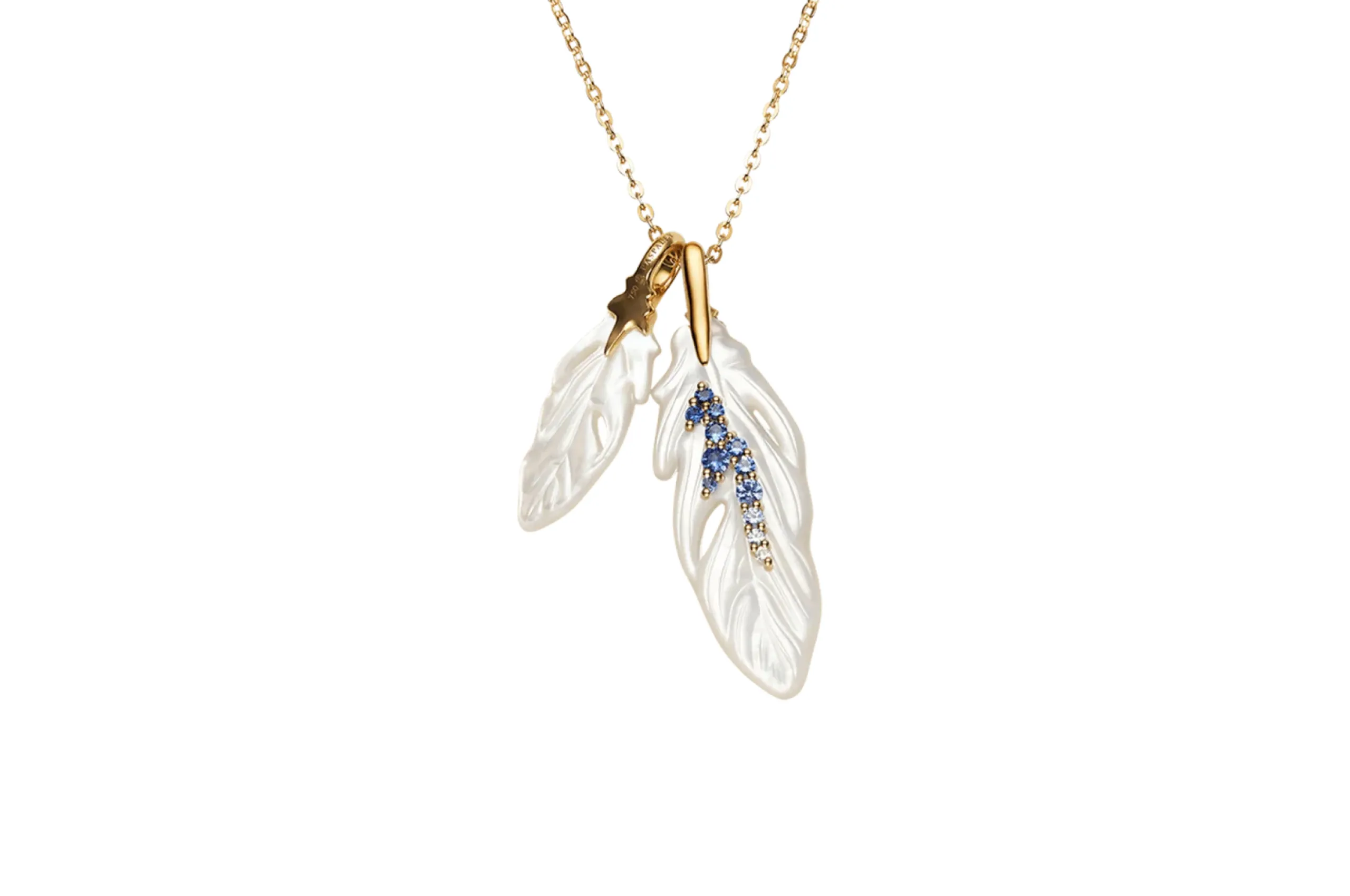 Paspaley Double Feather pendant necklace with mother of pearl, blue sapphires and diamonds in 18k yellow gold 
