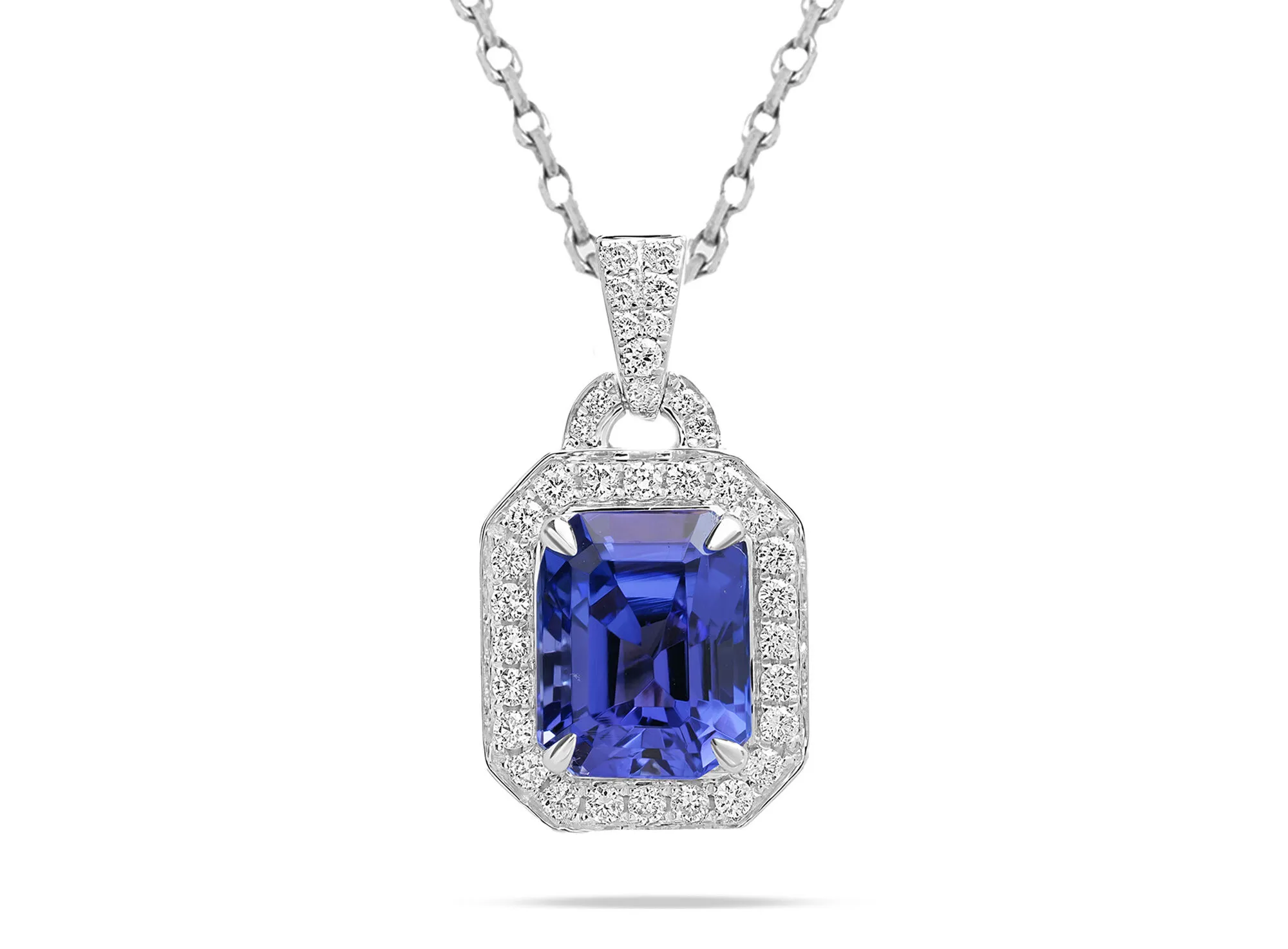 Royal Touch Group pendant with a 3.41 carat emerald-cut tanzanite and diamonds set in 18k white gold 
