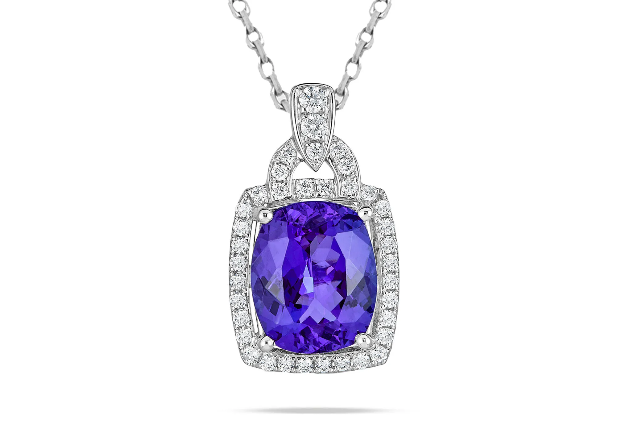 Royal Touch Group pendant with a 4.74 carat oval-shaped tanzanite and diamonds set in 14k white gold