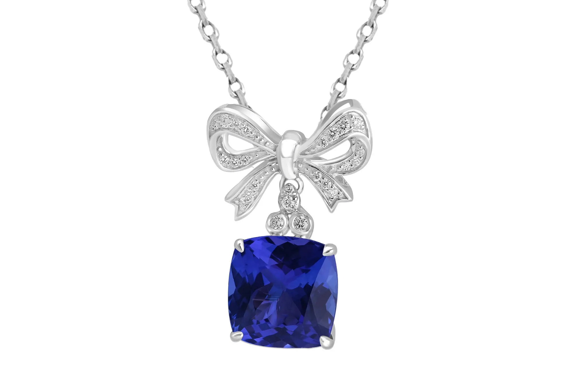 Royal Touch Group pendant with a cushion-cut 4.613 carat tanzanite and diamonds set in 18k white gold 