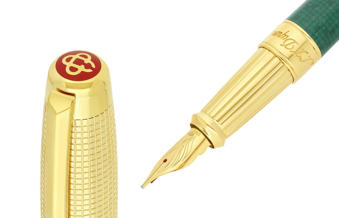 Close-up of the Line D Eternity Fountain Pen by S.T. Dupont, featuring a goldsmith's guilloché mosaic cap and a 14-carat gold nib