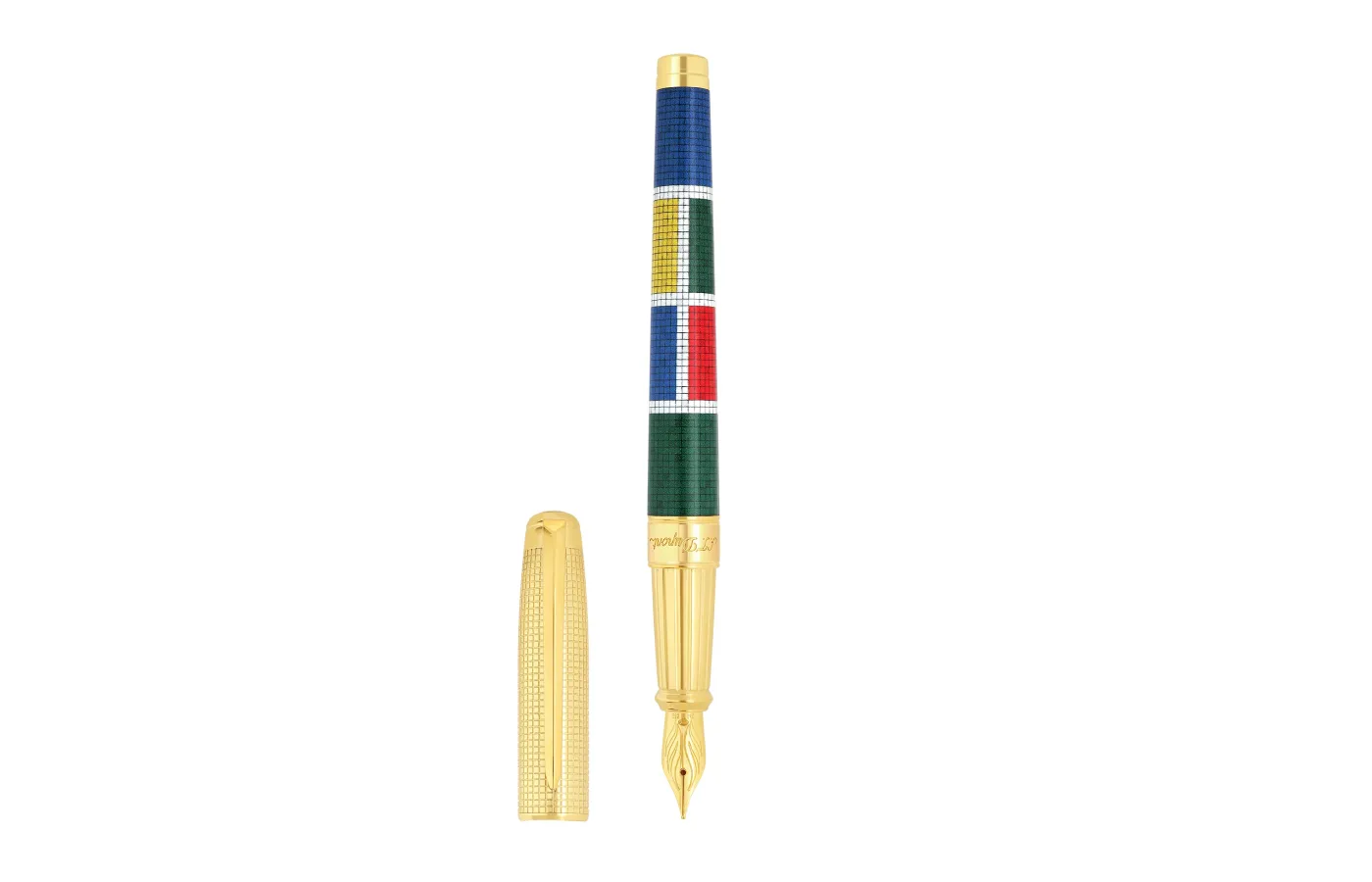 The Line D Eternity Fountain Pen by S.T. Dupont, featuring glossy multicolour lacquer and a goldsmith's guilloché mosaic cap