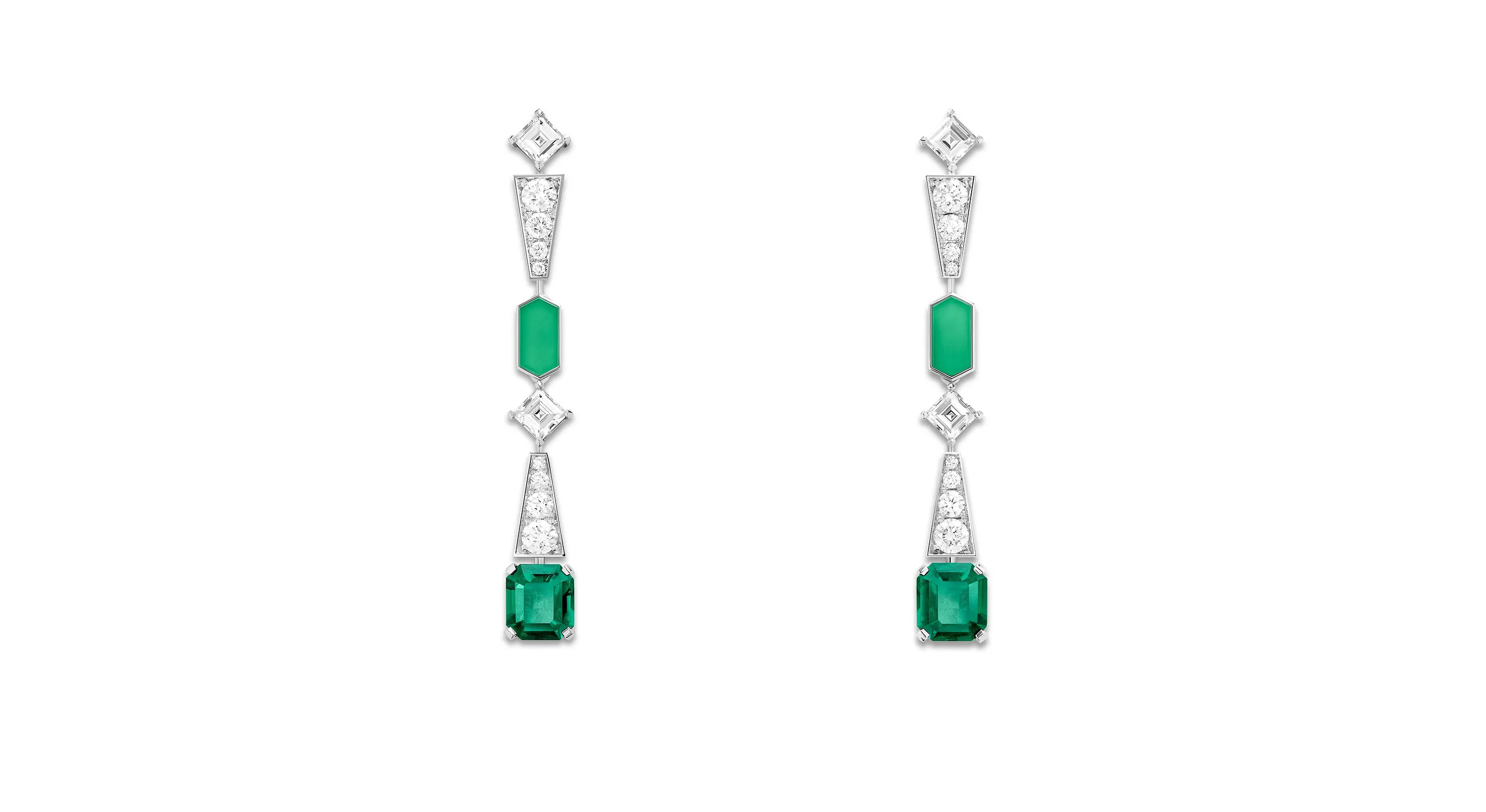 Arty Pop high jewellery earrings, set with emerald cut Colombian emeralds, diamonds and chrysoprase in 18K white gold